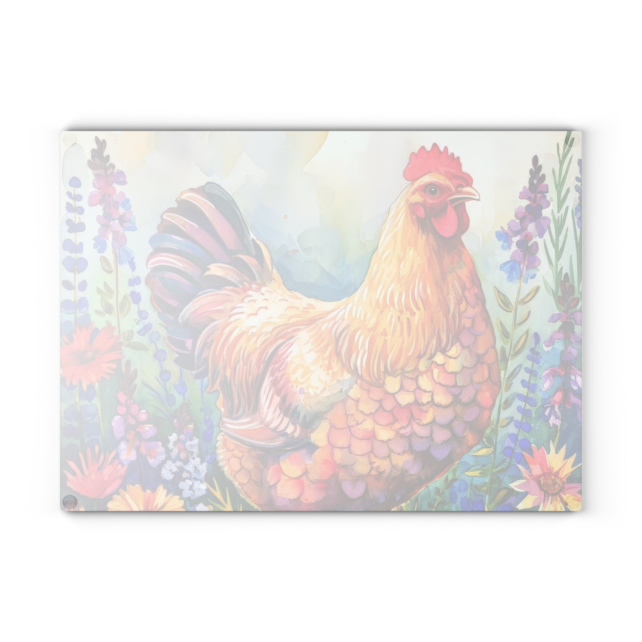 Watercolor Floral Chicken Cutting Board – Farmhouse Glass Kitchen Board for Chicken Lovers