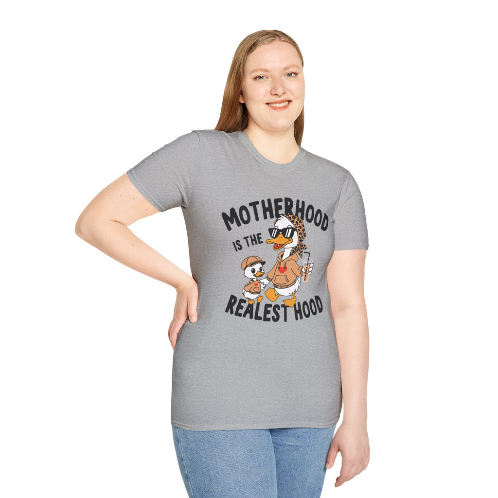 Motherhood Is the Realest Hood Funny Duck Mom Unisex T-Shirt | Farm Mom Graphic Tee