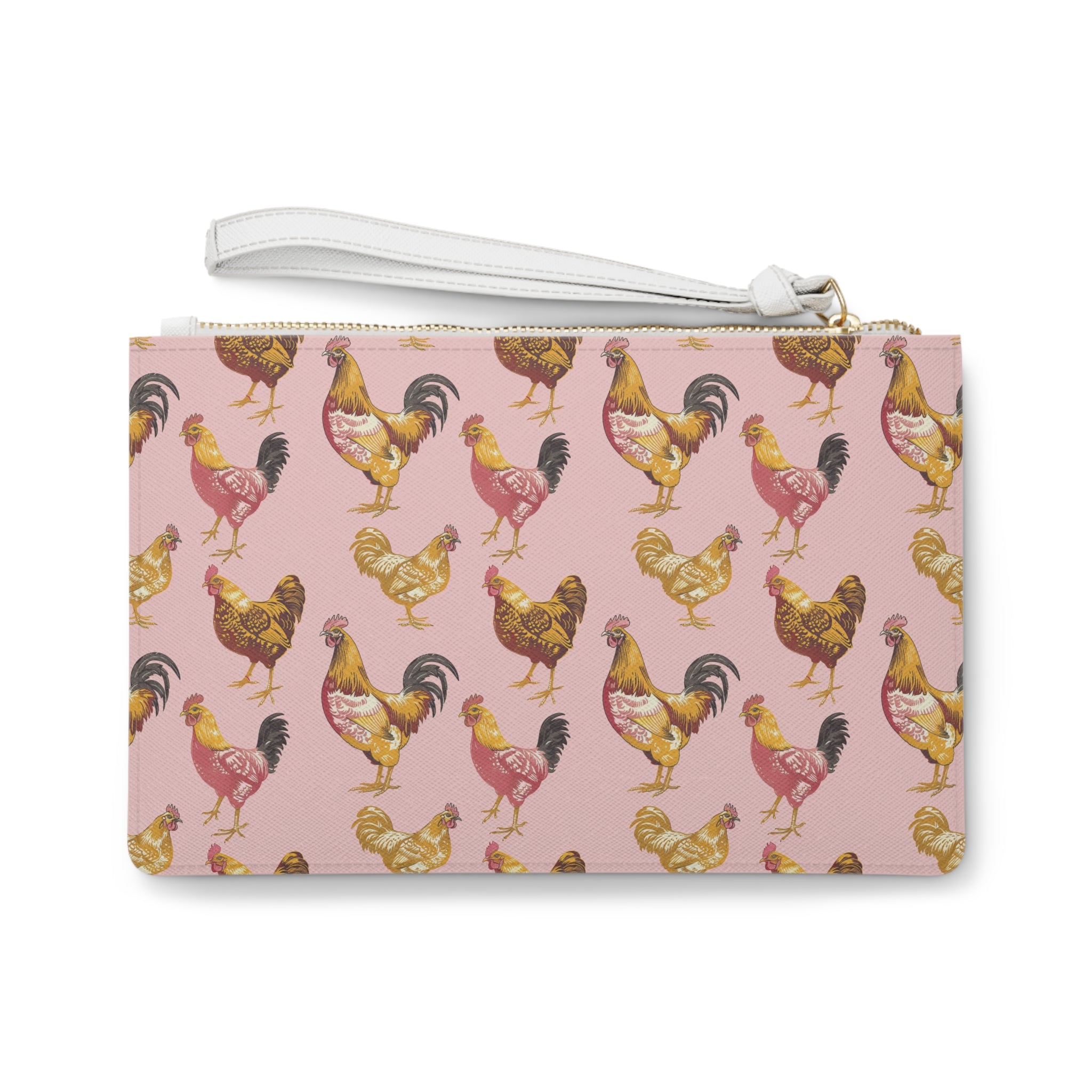 Pink Chicken Print Clutch Bag | Cottagecore Farmhouse Wristlet Purse | Vintage Hen Makeup Bag | Country Chicken Zipper Pouch | Homestead Gift