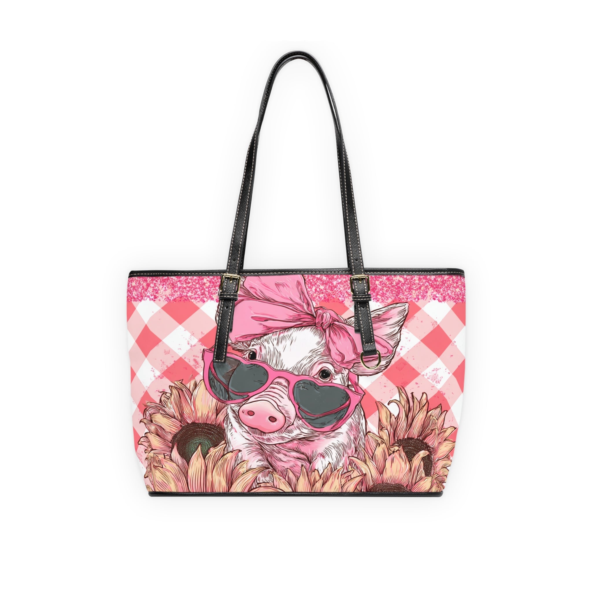 Funny Pig Shoulder Bag | Farmhouse Sunflower Tote Purse | Cute Pig Handbag | Cottagecore Farm Animal Bag | Homestead Market Tote PU Leather