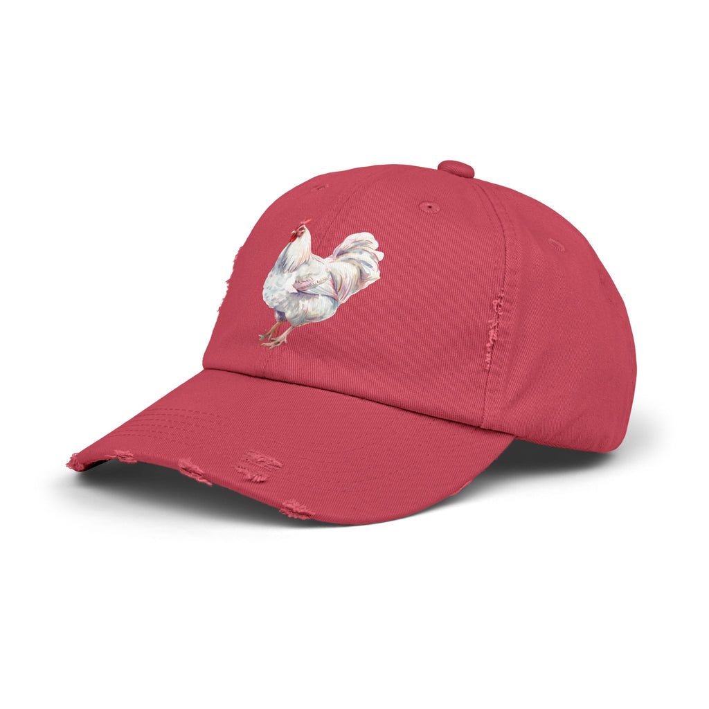 White Rooster Distressed Baseball Cap – Vintage Chicken Hat, Leghorn-Style Rooster, Farmhouse Poultry Cap, Backyard Chicken Keeper Gift