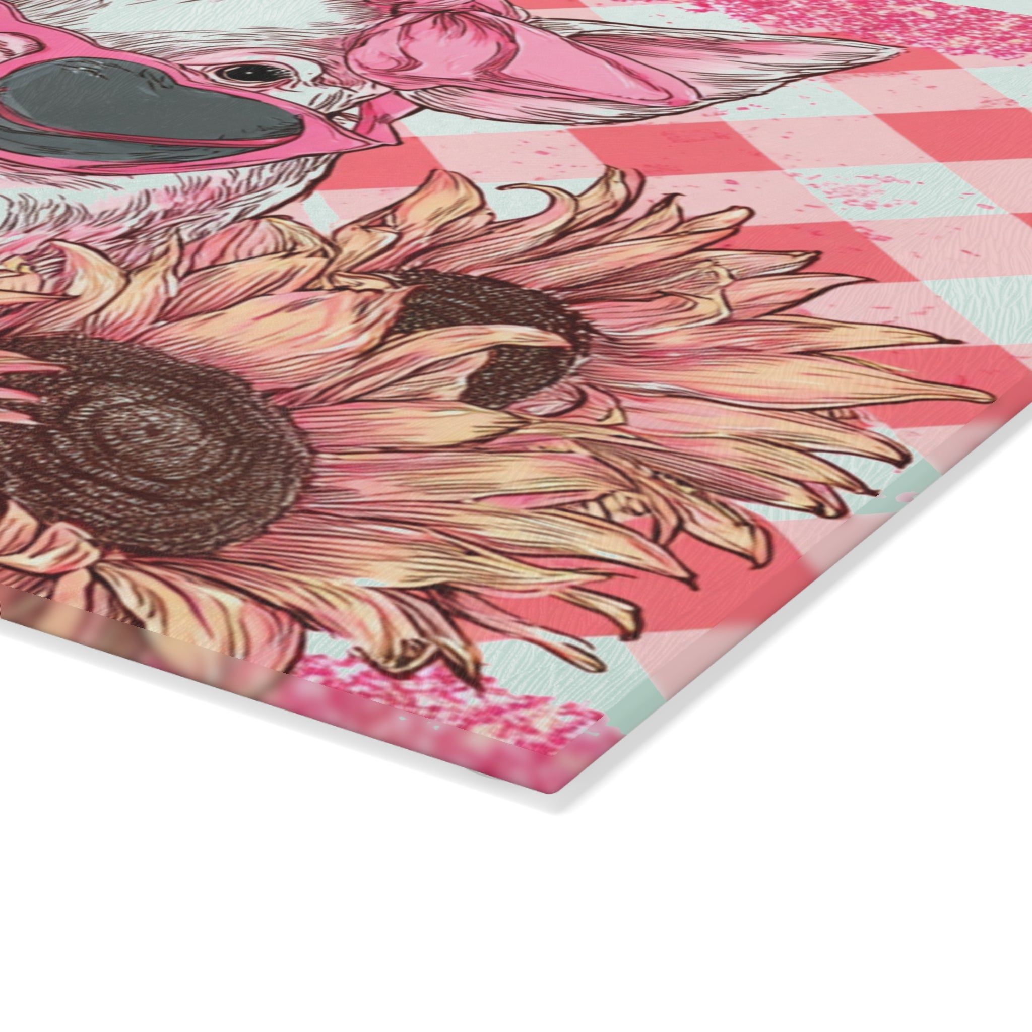 Pink Floral Pig Glass Cutting Board – Cute Farm Pig Kitchen Decor, Sunflower Pig Cutting Board, Farmhouse Country Kitchen Gift
