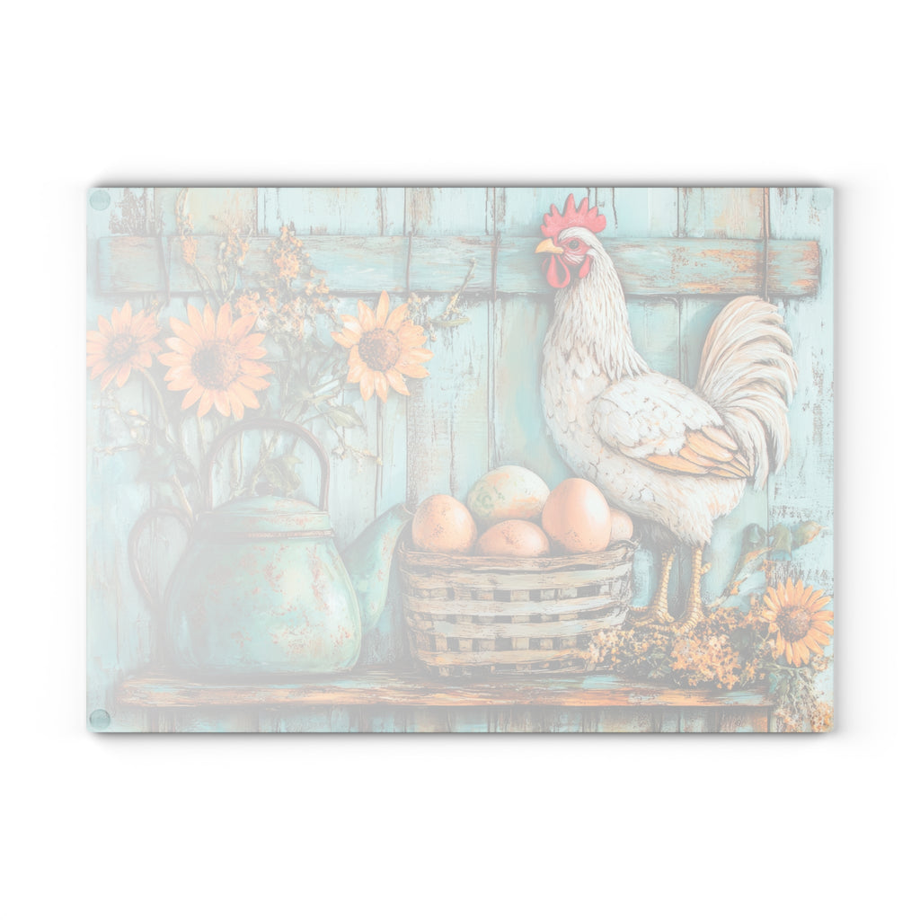 White Rooster Glass Cutting Board | Rustic Farmhouse Chicken Kitchen Decor | Sunflower Tempered Glass Cutting Board | Gumpert Homestead