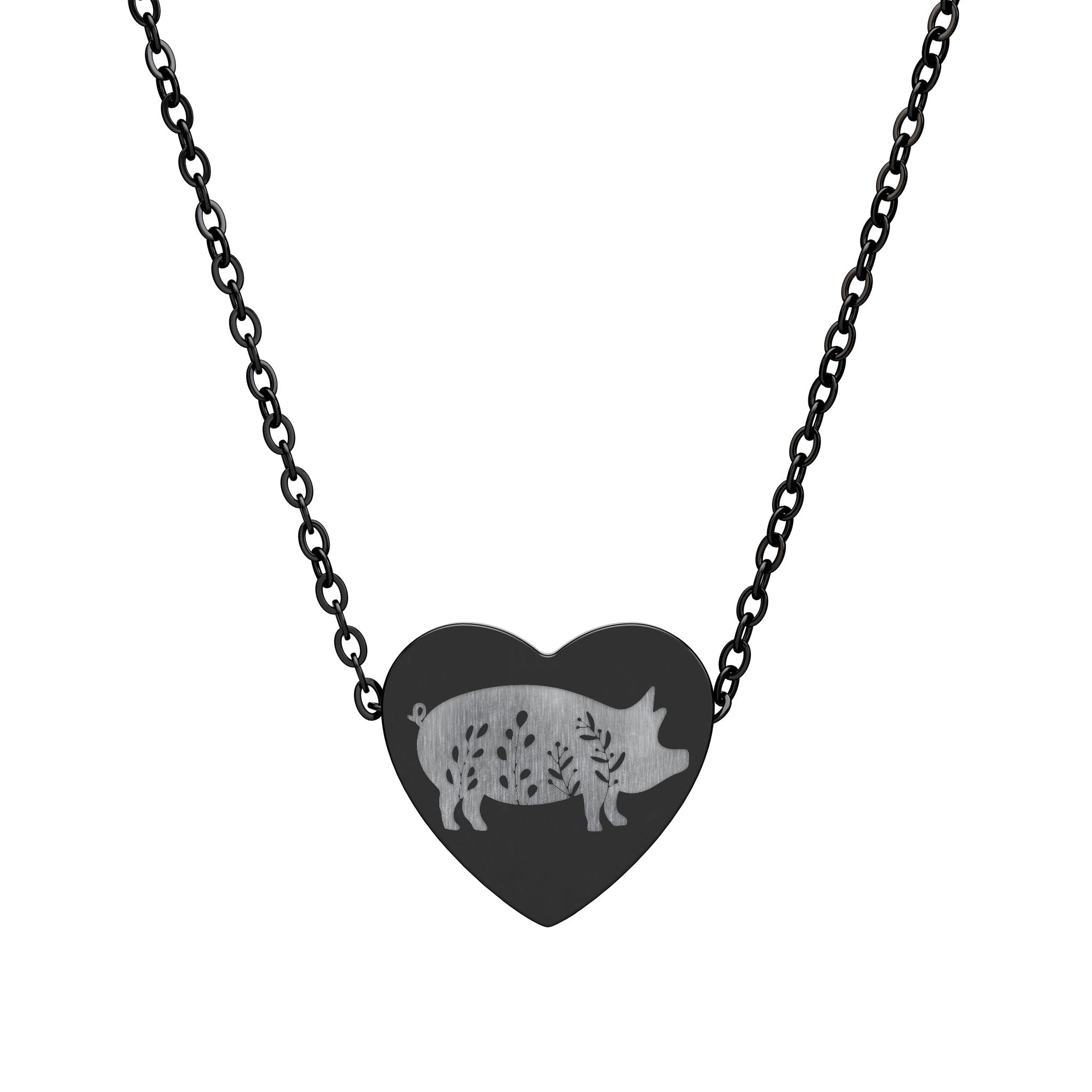 Floral Pig Heart Necklace – Farm Pig Jewelry, Pig Lover Gift, Homestead Necklace, Mini Pig Pendant, Farm Animal Jewelry, Stainless Steel Engraved Heart Necklace