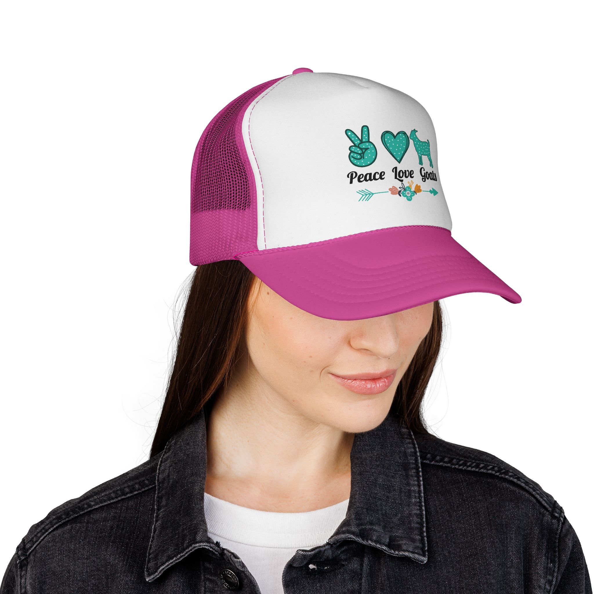 Peace Love Goats Trucker Hat – Goat Mom Hat, Farm Life Snapback, Homestead Goat Lover Cap