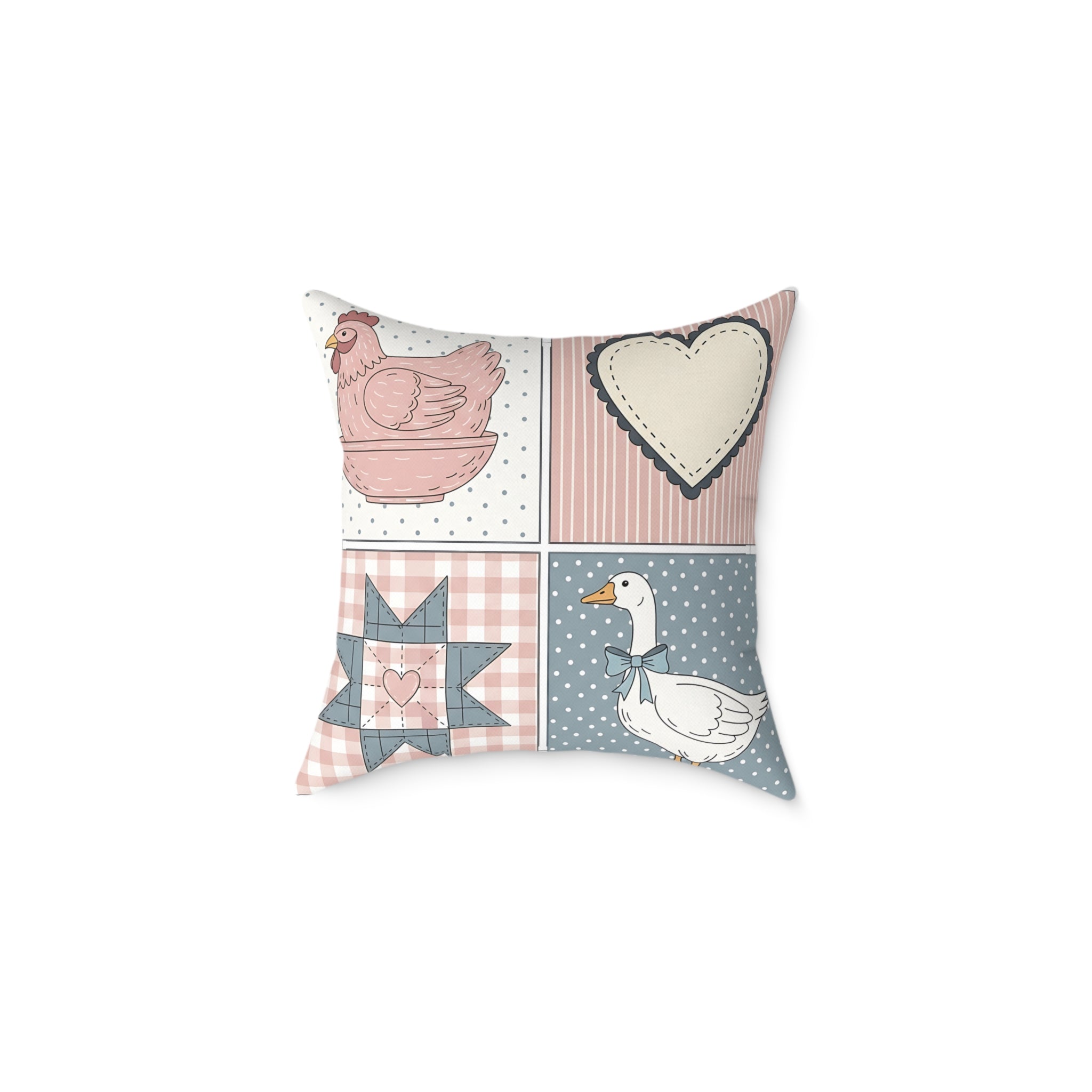 Cottagecore Farm Animal Patchwork Throw Pillow – Chicken & Goose Farmhouse Decor Cushion, Quilted Country Home Accent Pillow