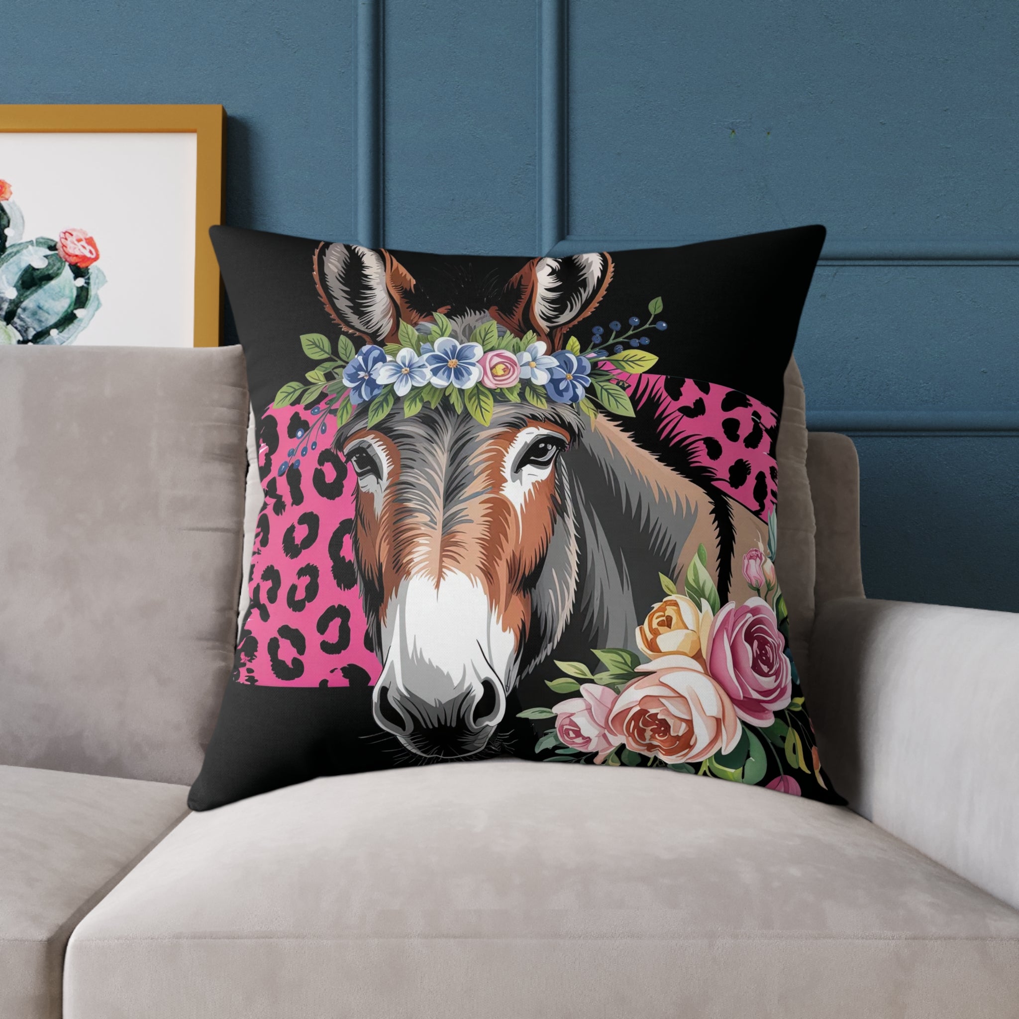 Floral Donkey Throw Pillow | Farmhouse Donkey Accent Pillow | Pink Western Animal Decor Cushion | Rustic Country Home Decor | Gumpert Homestead