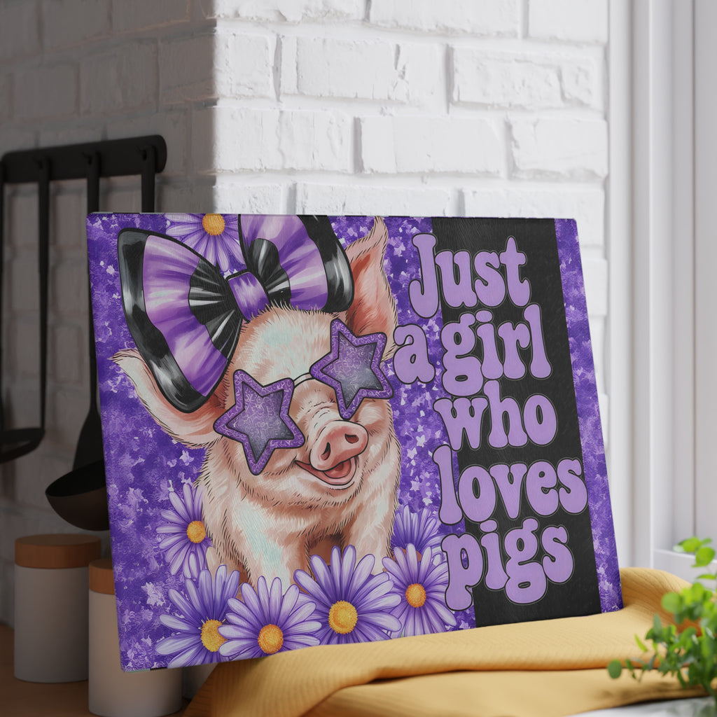 “Just a Girl Who Loves Pigs” Glass Cutting Board – Purple Floral Pig Kitchen Decor, Farmhouse Pig Lover Gift, Country Homestead Cutting Board