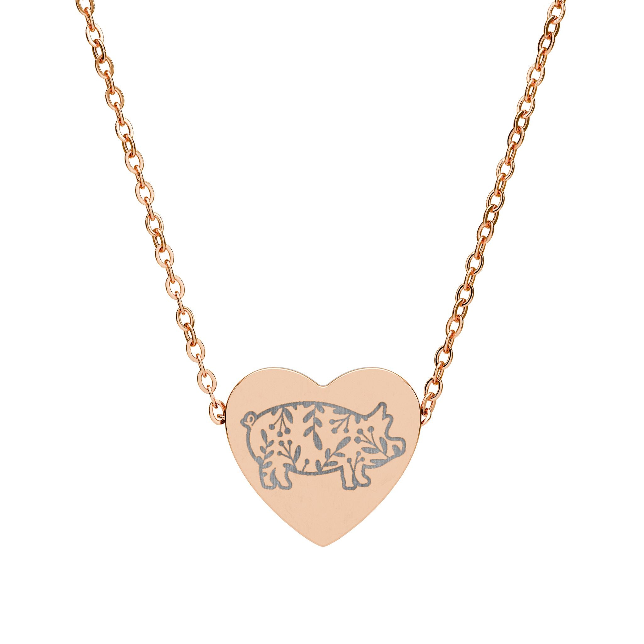 Floral Pig Heart Necklace – Farm Pig Jewelry, Pig Lover Gift, Homestead Necklace, Mini Pig Pendant, Farm Animal Jewelry, Stainless Steel Engraved Heart Necklace