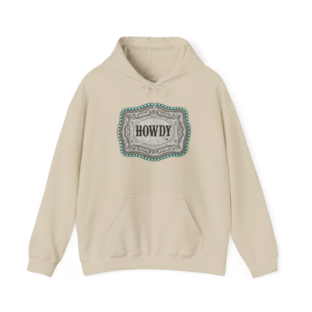 Howdy Turquoise Beaded Rodeo Belt Buckle Hoodie – Unisex Farmhouse Western Sweatshirt | Country Homestead Apparel