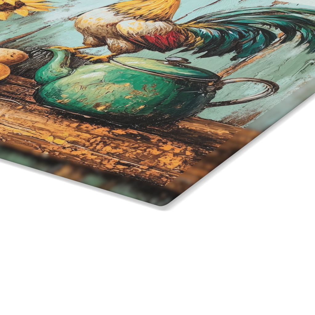 Farmhouse Rooster Glass Cutting Board | Rustic Chicken Kitchen Decor | Sunflower & Egg Tempered Glass Cutting Board | Gumpert Homestead