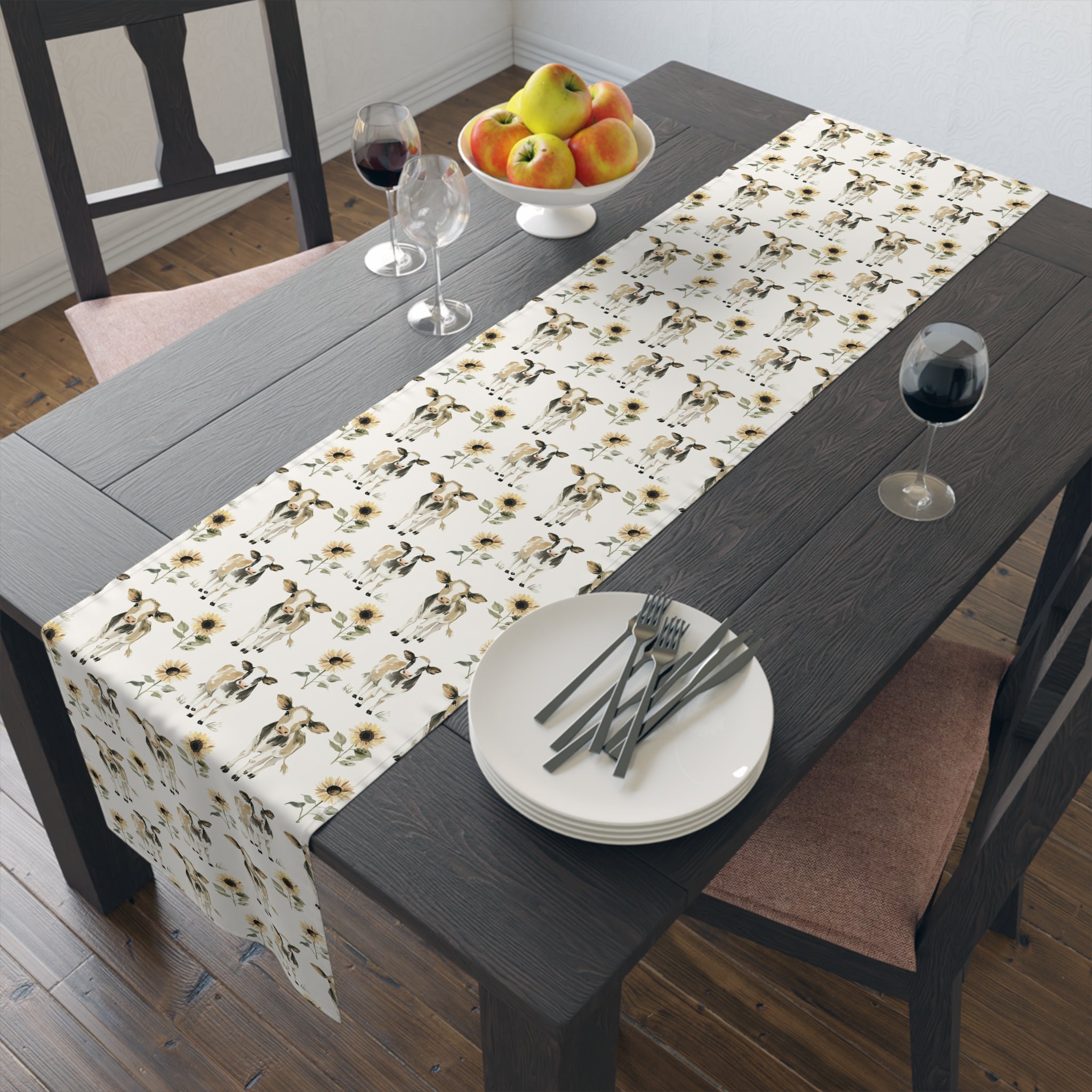 Sunflower Cow Farmhouse Tablecloth | Cottagecore Farm Dining Table Cover | Rustic Cow & Sunflower Country Table Decor | Homestead Kitchen Linen