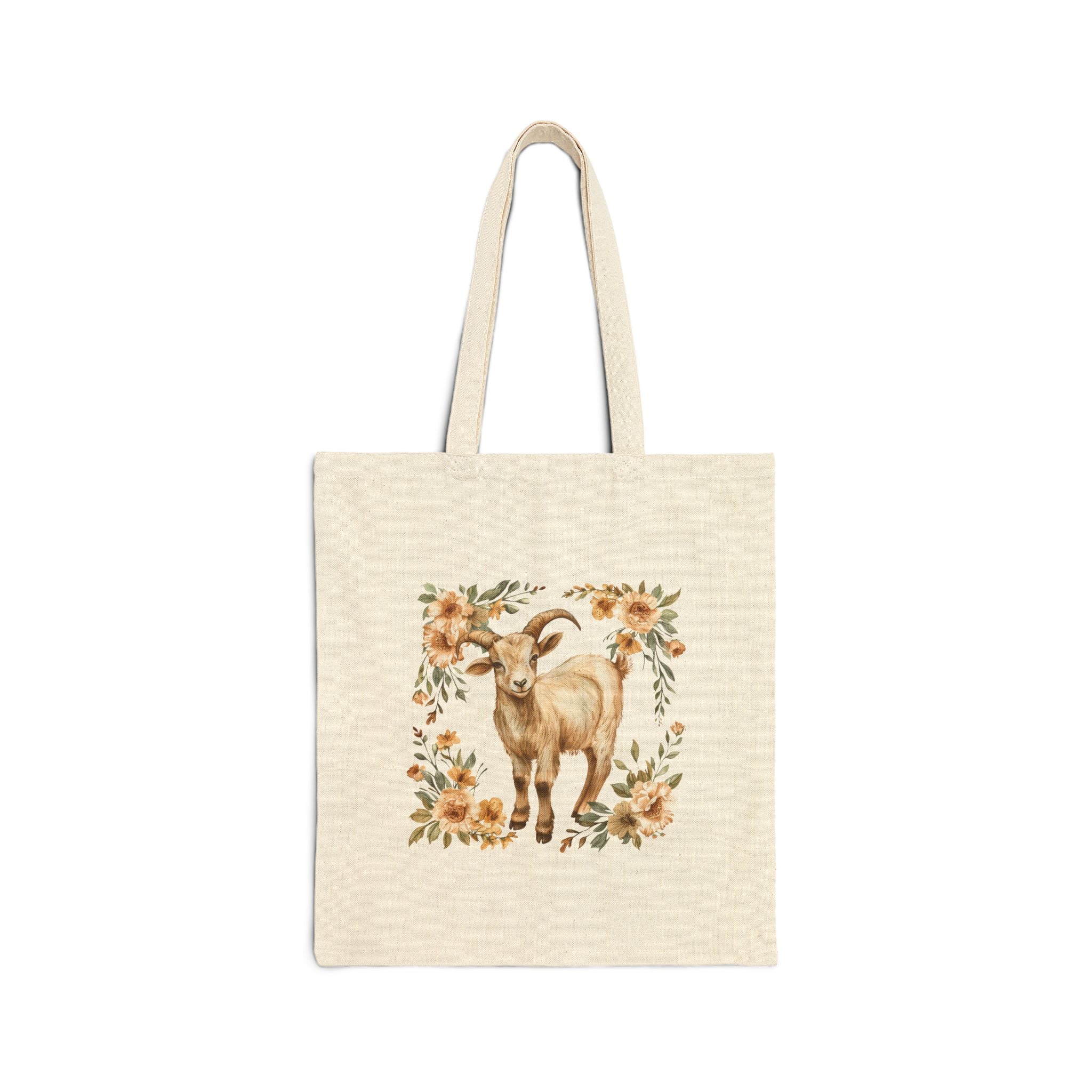 Floral Goat Canvas Tote Bag – Cottagecore Goat Mom Market Bag, Farmhouse Goat Lover Reusable Tote