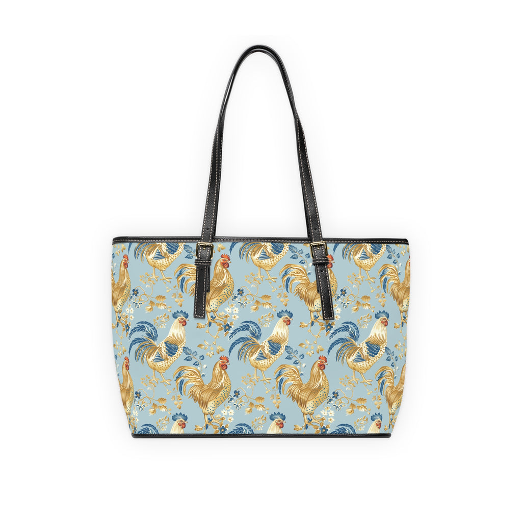 Light Blue Chicken Print Leather Shoulder Bag – Farmhouse Chicken Tote, Cute Hen Pattern Purse, Farm Life Handbag, Backyard Chicken Lover Bag
