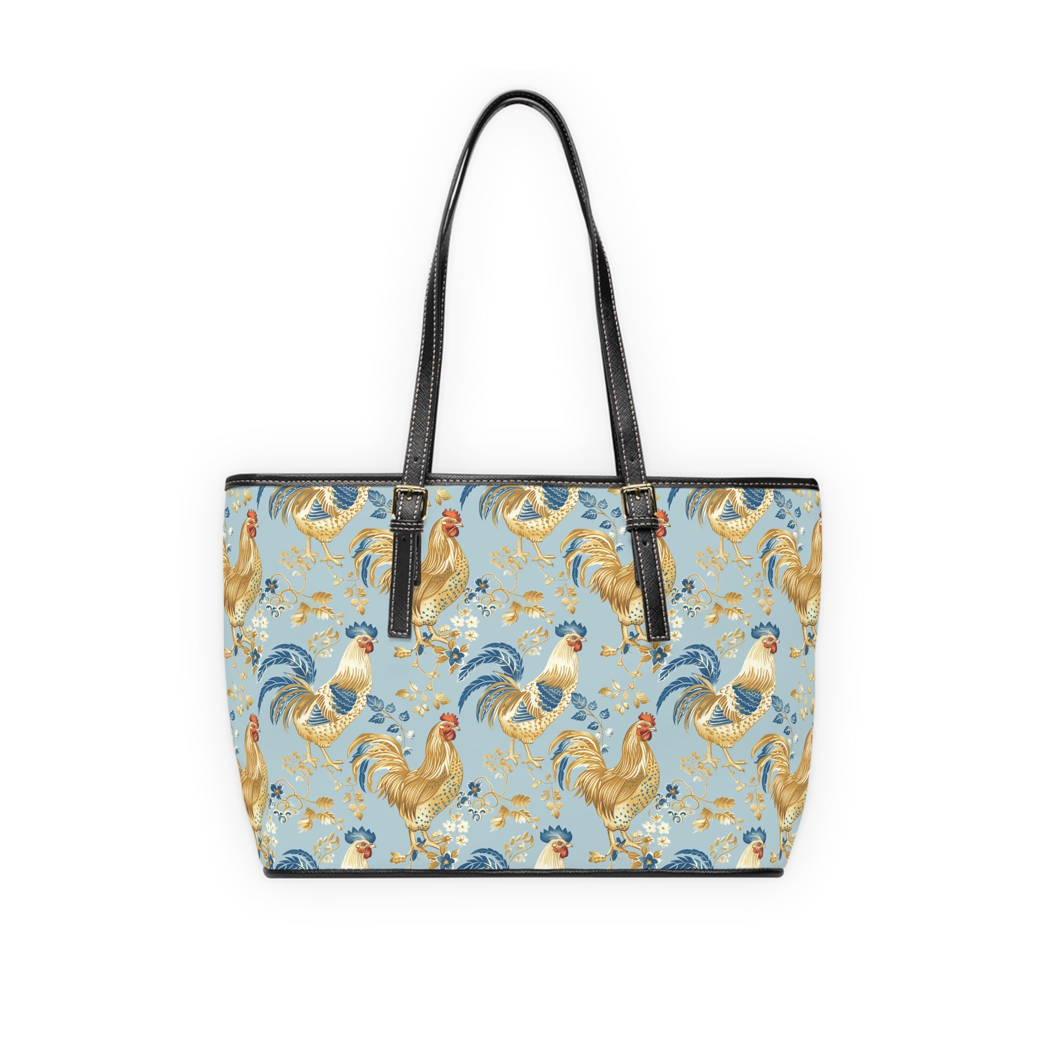 Light Blue Chicken Print Leather Shoulder Bag – Farmhouse Chicken Tote, Cute Hen Pattern Purse, Farm Life Handbag, Backyard Chicken Lover Bag