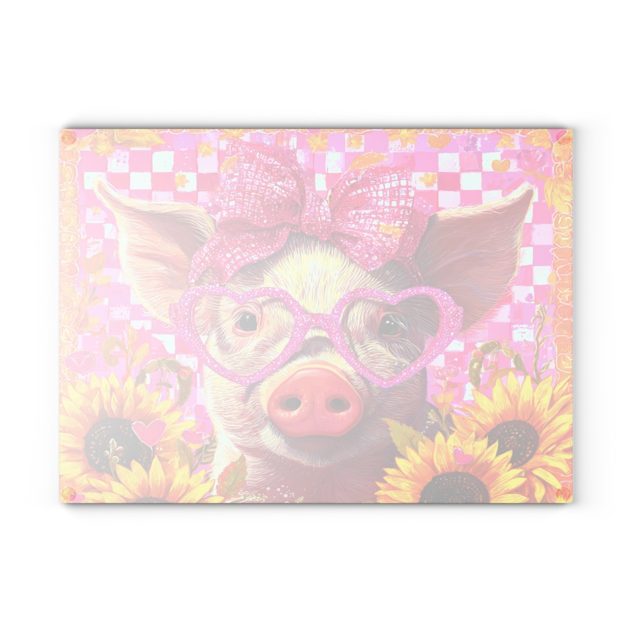 Cute Pink Floral Pig Glass Cutting Board – Farmhouse Sunflower Pig Kitchen Decor, Country Farm Animal Cutting Board, Rustic Homestead Gift