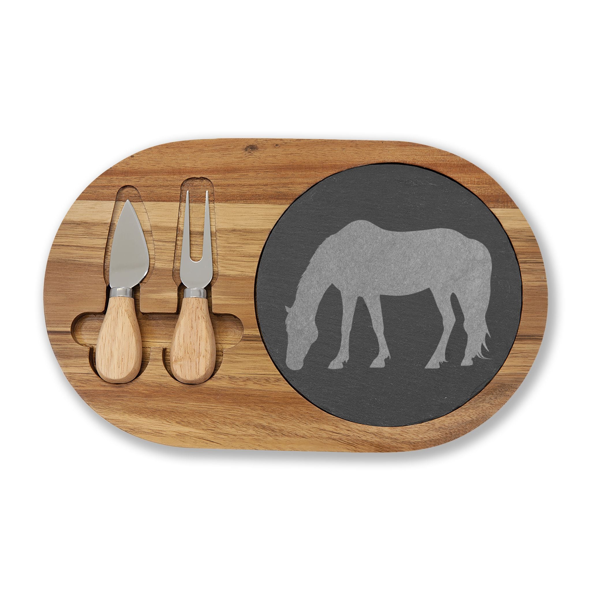Horse Engraved Charcuterie Board Set | Slate Cheese Board with Knives | Farmhouse Equestrian Serving Board | Rustic Ranch Kitchen Gift