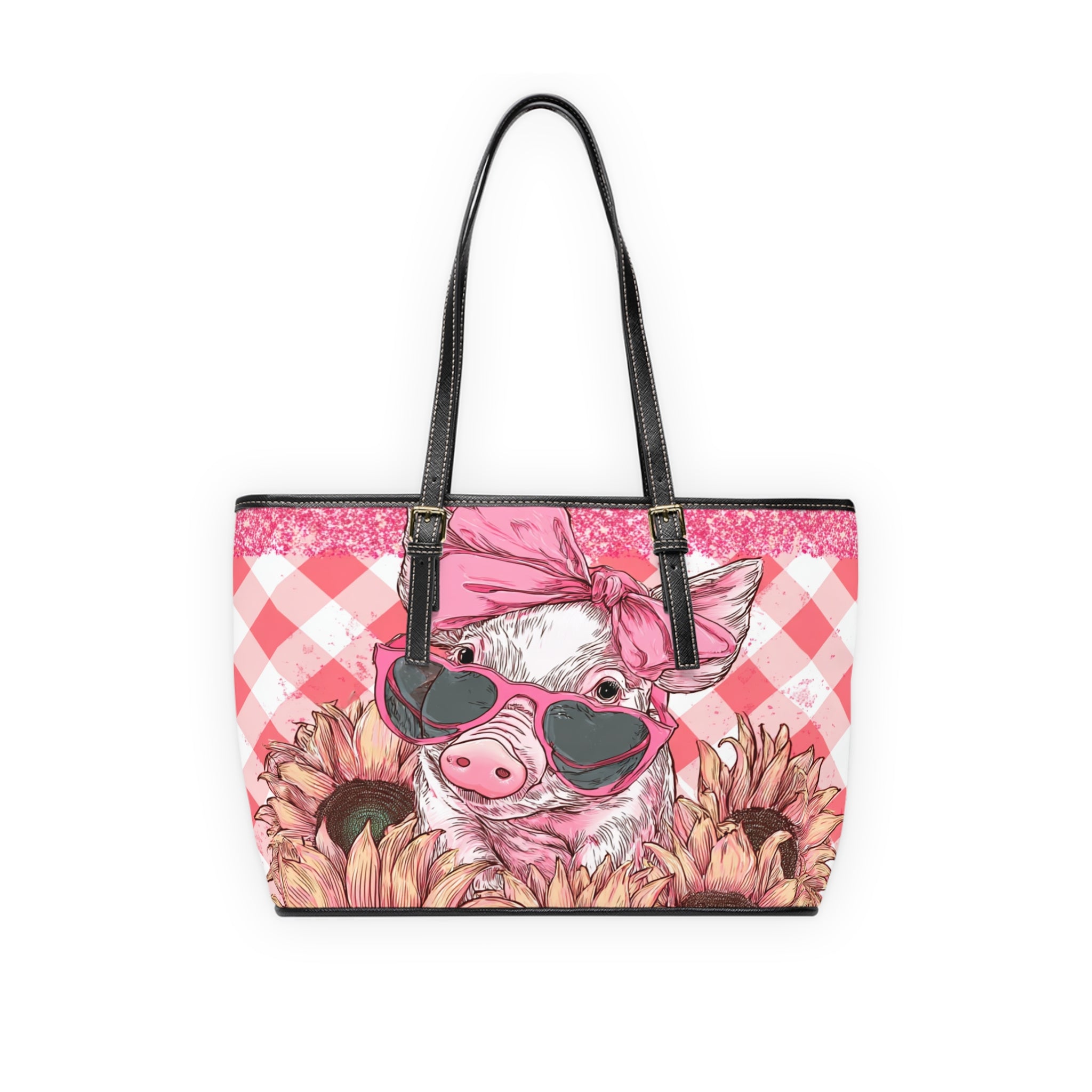 Funny Pig Shoulder Bag | Farmhouse Sunflower Tote Purse | Cute Pig Handbag | Cottagecore Farm Animal Bag | Homestead Market Tote PU Leather