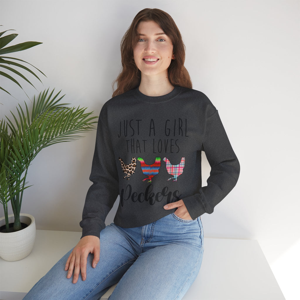 Just a Girl That Loves Peckers Sweatshirt – Funny Chicken Crewneck, Farmhouse Homestead Chicken Mom Pullover