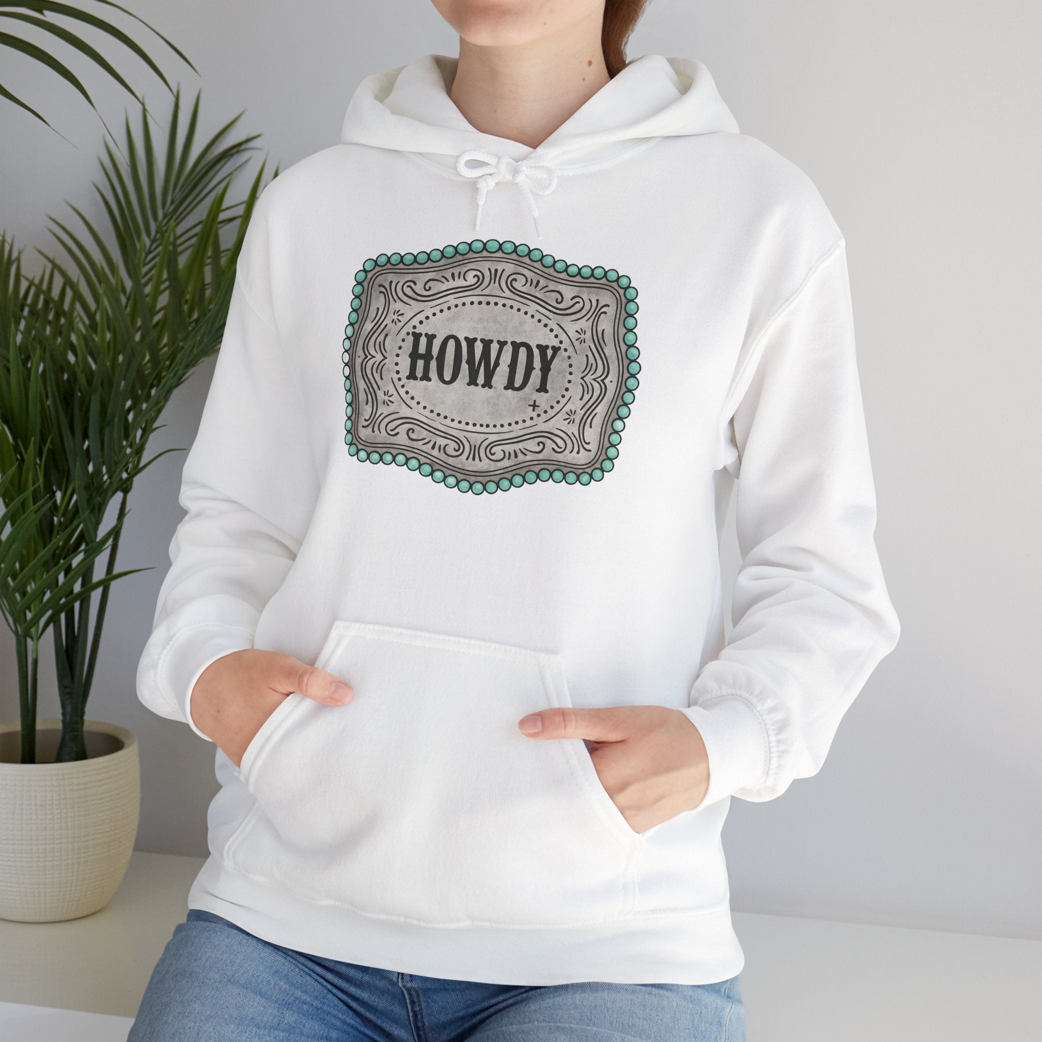 Howdy Turquoise Beaded Rodeo Belt Buckle Hoodie – Unisex Farmhouse Western Sweatshirt | Country Homestead Apparel