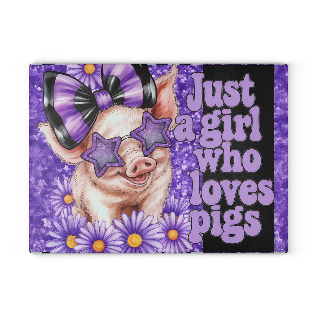 “Just a Girl Who Loves Pigs” Glass Cutting Board – Purple Floral Pig Kitchen Decor, Farmhouse Pig Lover Gift, Country Homestead Cutting Board