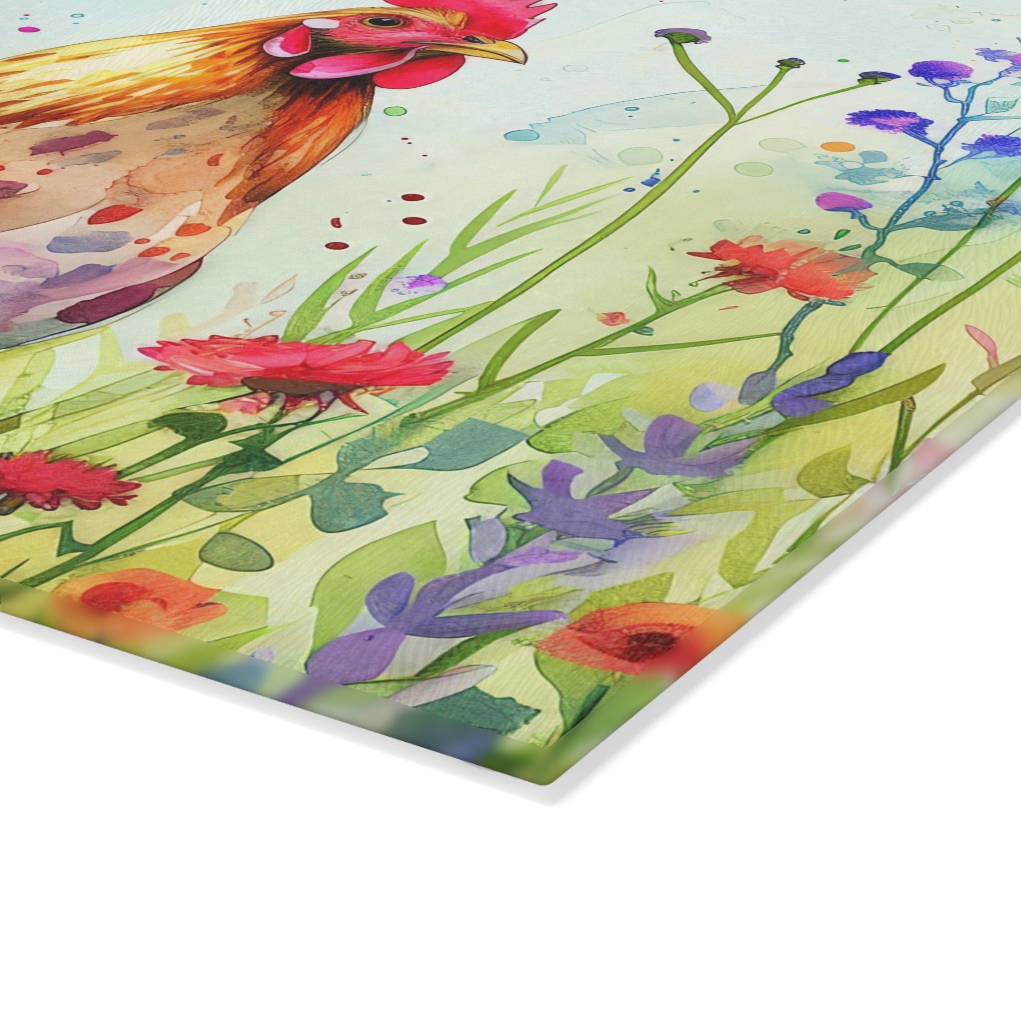 Floral Chicken Glass Cutting Board – Farmhouse Kitchen Decor, Colorful Chicken Counter Protector, Homestead Gift