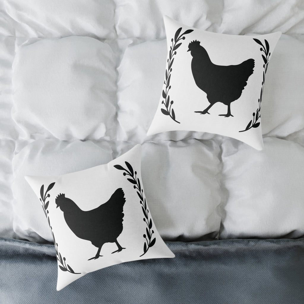 Farmhouse Chicken Silhouette Throw Pillow – Rustic Chicken Decor Cushion, Neutral Country Homestead Accent Pillow