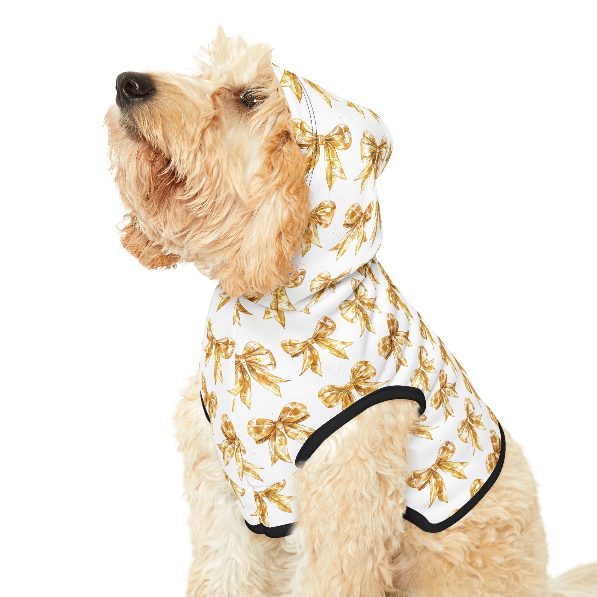 Gold Coquette Bows Cute Pet Hoodie - Adorable Puppy Sweater, Small Dog Outfit, Furry Friend Gift, Pet Apparel, Animal Lover Present