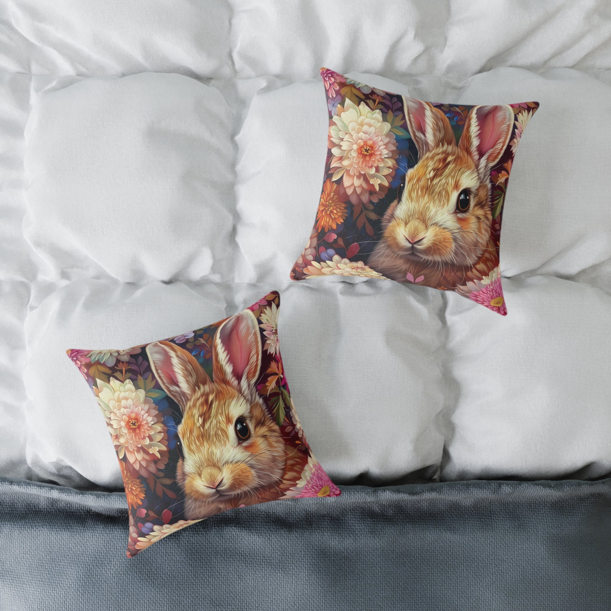 Floral Bunny Throw Pillow | Cottagecore Rabbit Accent Pillow | Woodland Farmhouse Decor Cushion | Wildflower Bunny Pillow | Gumpert Homestead