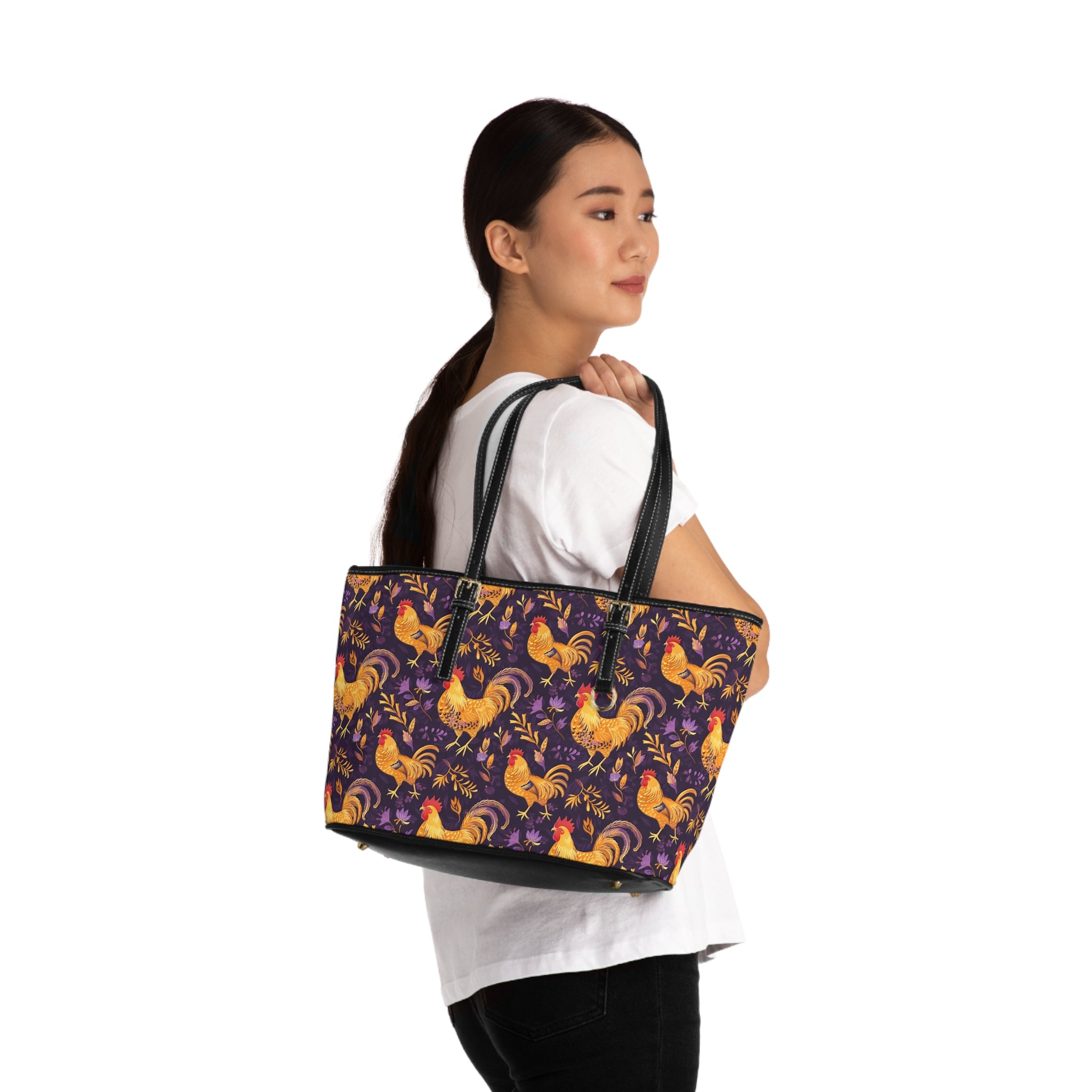 Purple & Gold Chicken Print Leather Shoulder Bag – Farmhouse Chicken Tote, Cute Hen Pattern Purse, Farm Life Handbag, Backyard Chicken Lover Bag
