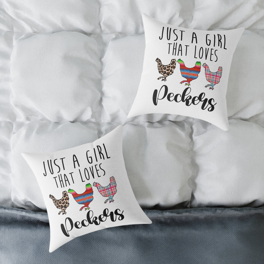 “Just a Girl That Loves Peckers” Throw Pillow – Funny Chicken Farmhouse Decor Cushion, Cute Homestead Accent Pillow