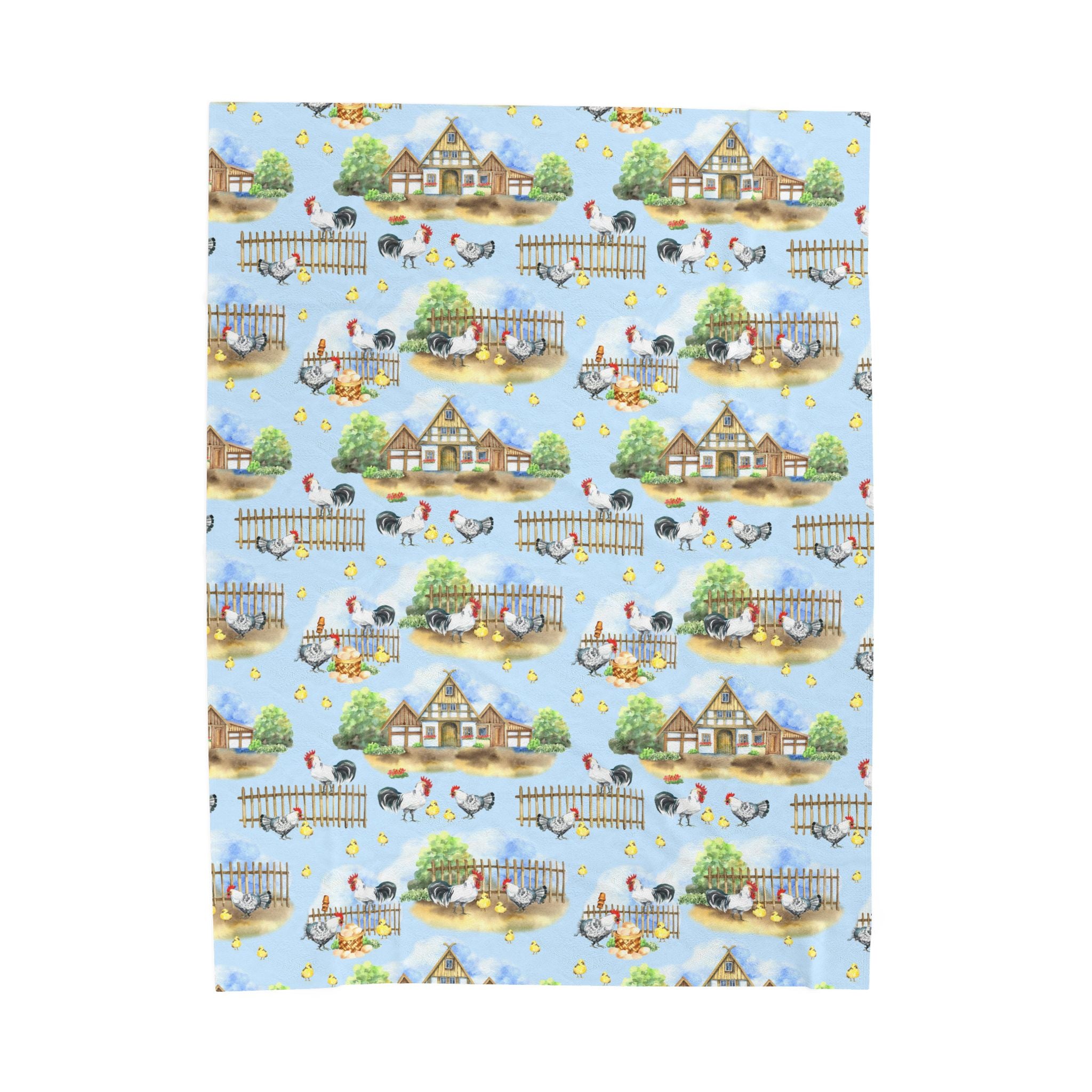 Farm Scene Velveteen Plush Blanket – Cozy Cottagecore Village Throw, Country Homestead Farmhouse Home Decor