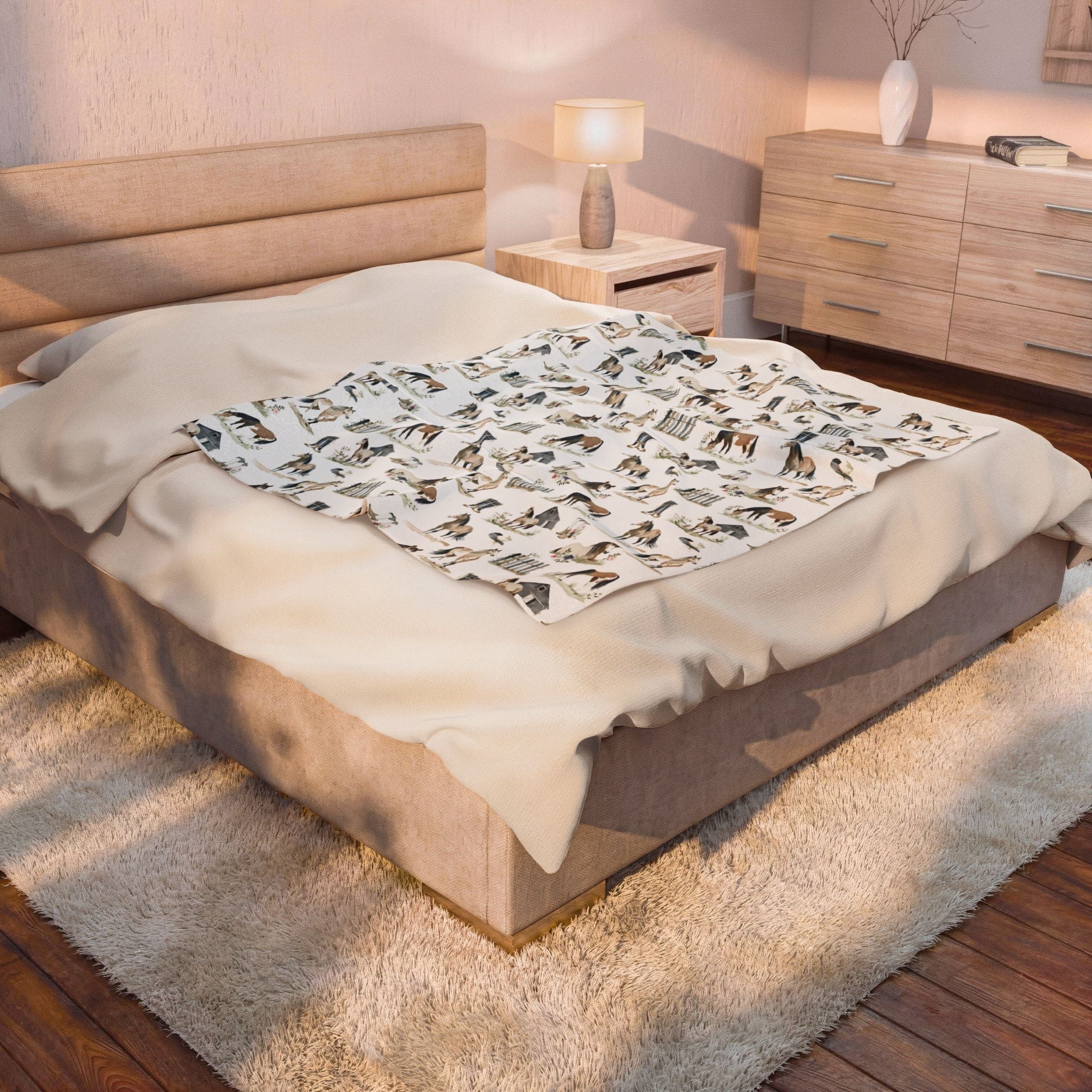 Western Farm Animal Plush Blanket | Horse & Homestead Print Throw Blanket | Cottagecore Farmhouse Decor | Cozy Rustic Animal Lover Blanket | Gumpert Homestead