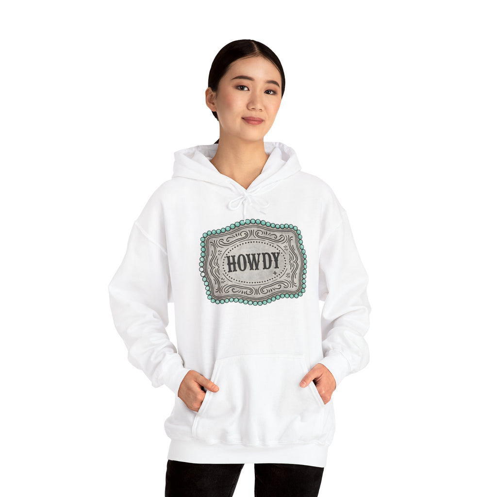 Howdy Turquoise Beaded Rodeo Belt Buckle Hoodie – Unisex Farmhouse Western Sweatshirt | Country Homestead Apparel