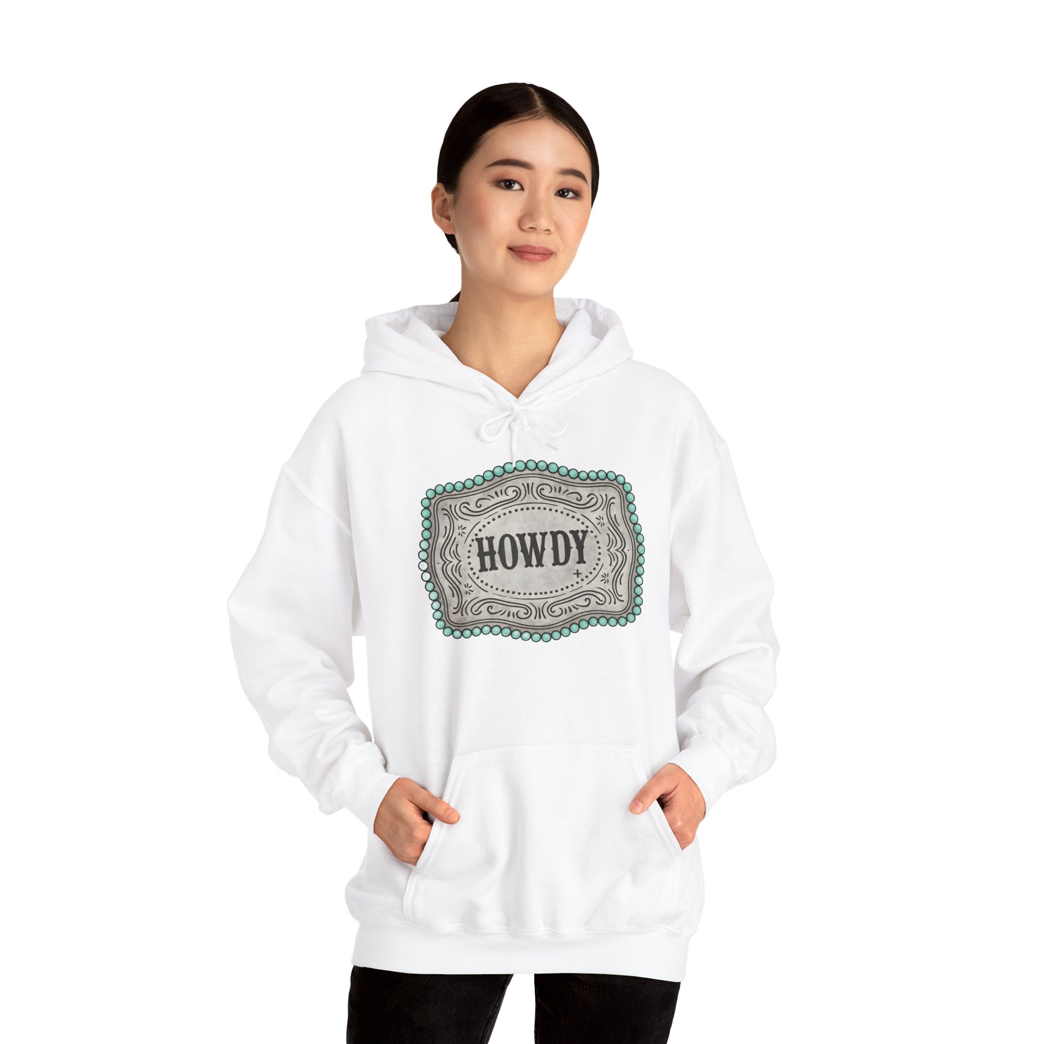 Howdy Turquoise Beaded Rodeo Belt Buckle Hoodie – Unisex Farmhouse Western Sweatshirt | Country Homestead Apparel