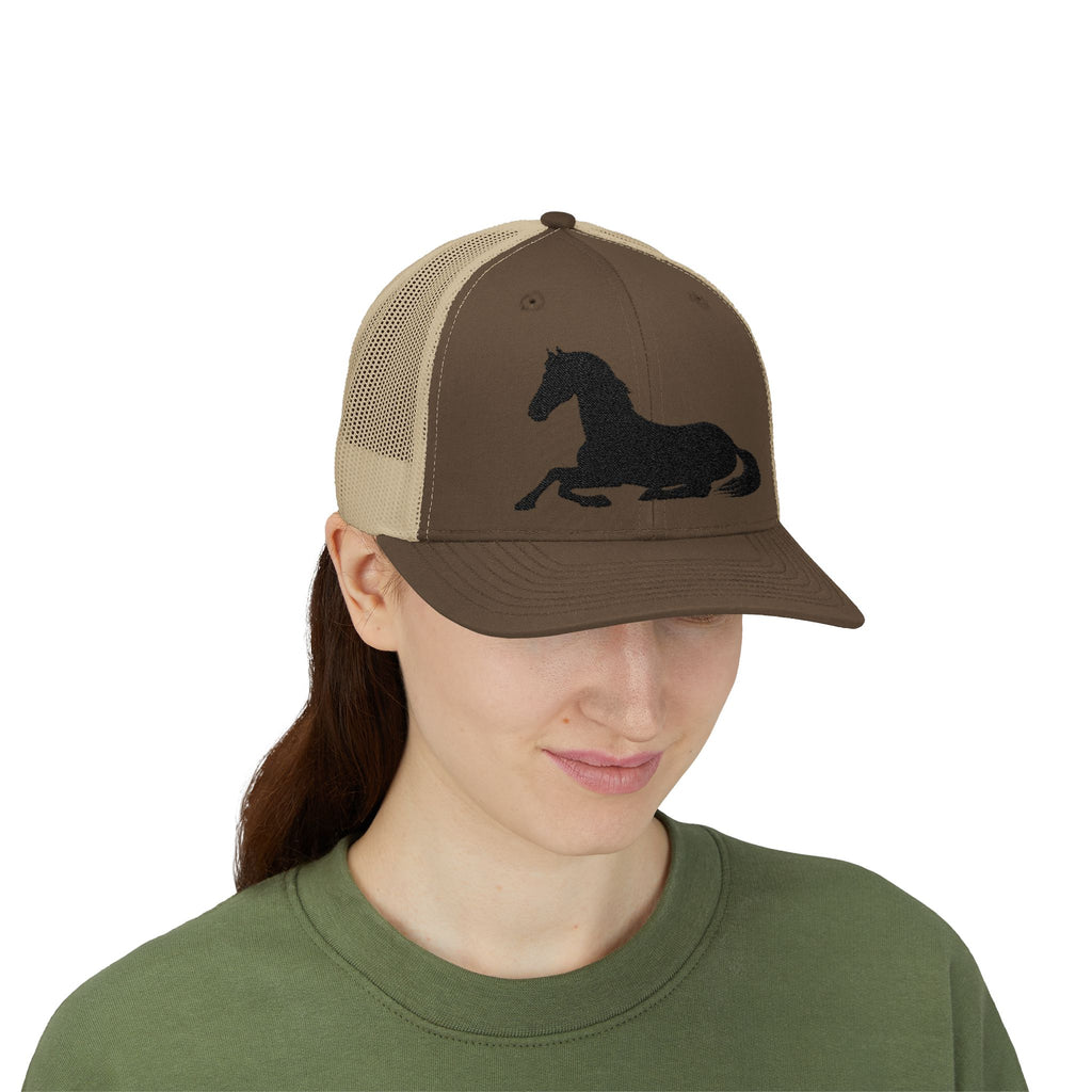 Resting Horse Trucker Hat | Laying Horse Silhouette Mesh Snapback Cap | Western Ranch Horse Lover Hat | Rustic Farm Life Cowboy Cowgirl Cap