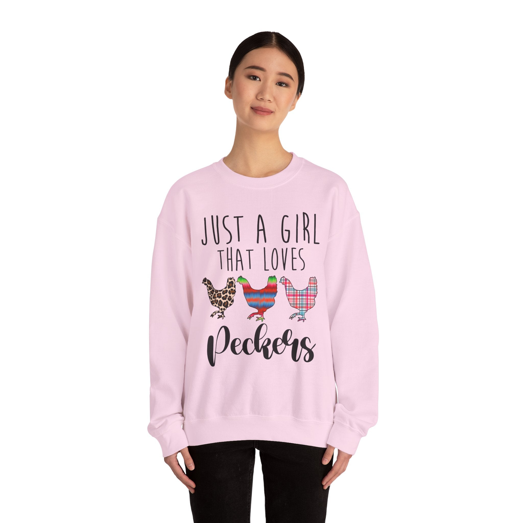 Just a Girl That Loves Peckers Sweatshirt – Funny Chicken Crewneck, Farmhouse Homestead Chicken Mom Pullover