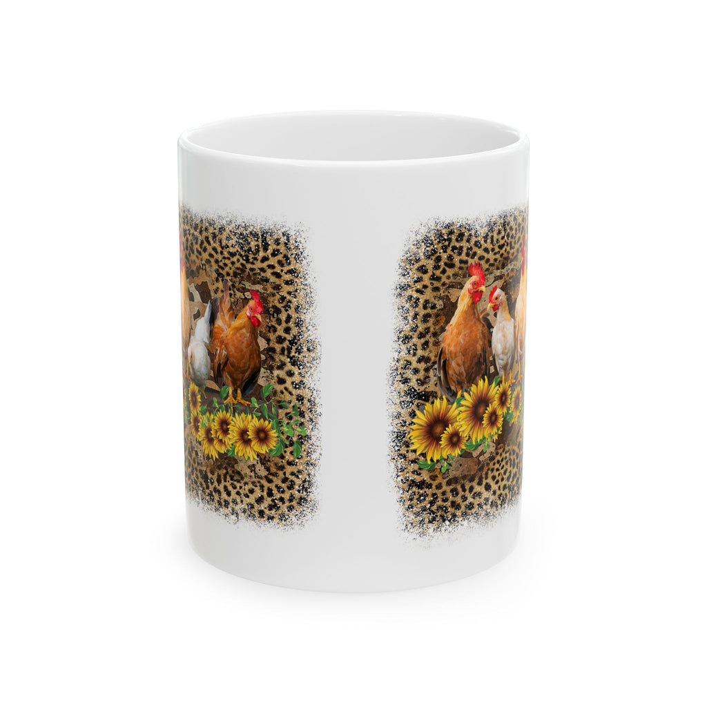 Chicken Flock Sunflower Ceramic Mug – Farmhouse Chicken Mom Coffee Cup, Country Homestead Mug (11oz, 15oz)