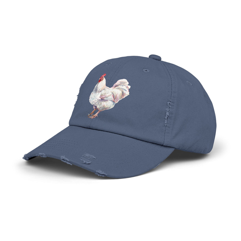 White Rooster Distressed Baseball Cap – Vintage Chicken Hat, Leghorn-Style Rooster, Farmhouse Poultry Cap, Backyard Chicken Keeper Gift