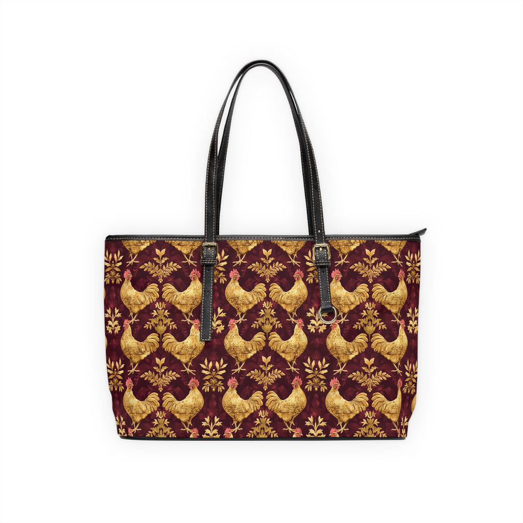 Burgundy & Gold Chicken Print Leather Shoulder Bag – Farmhouse Chicken Tote, Cute Hen Pattern Purse, Farm Life Handbag, Backyard Chicken Lover Bag