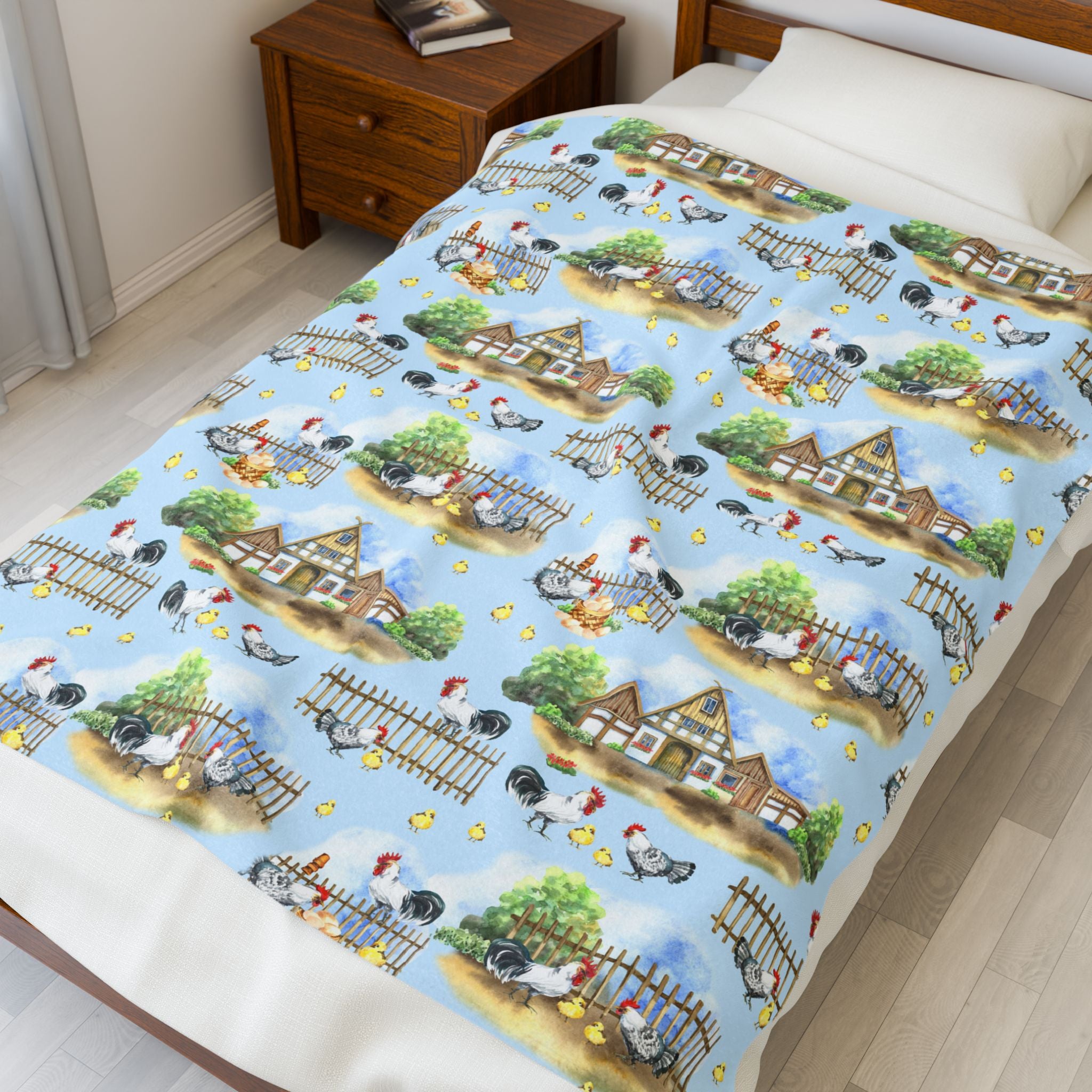 Farm Scene Velveteen Plush Blanket – Cozy Cottagecore Village Throw, Country Homestead Farmhouse Home Decor