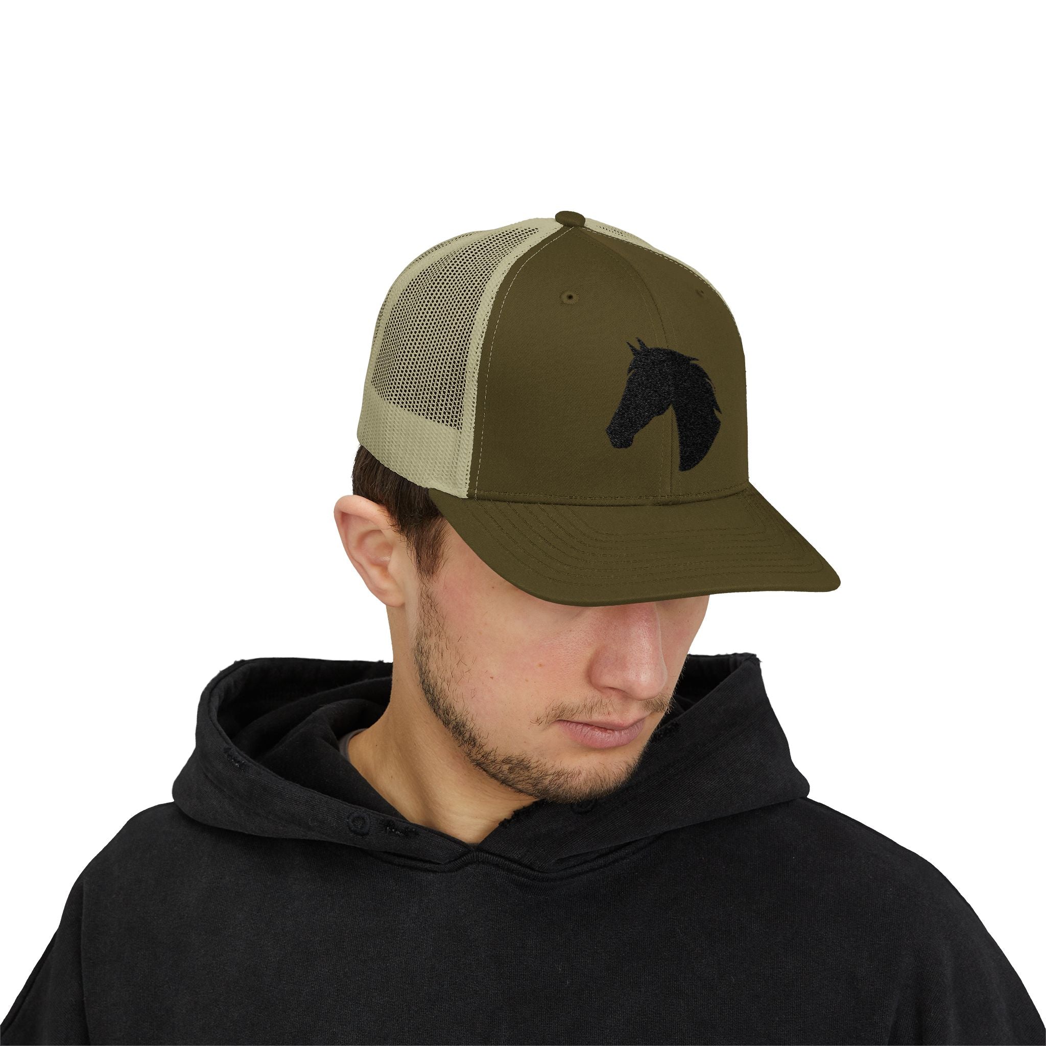 Horse Head Trucker Hat | Western Horse Silhouette Mesh Snapback Cap | Equestrian Ranch Hat | Rustic Farm Life Cowboy Cowgirl Horse Lover Hat