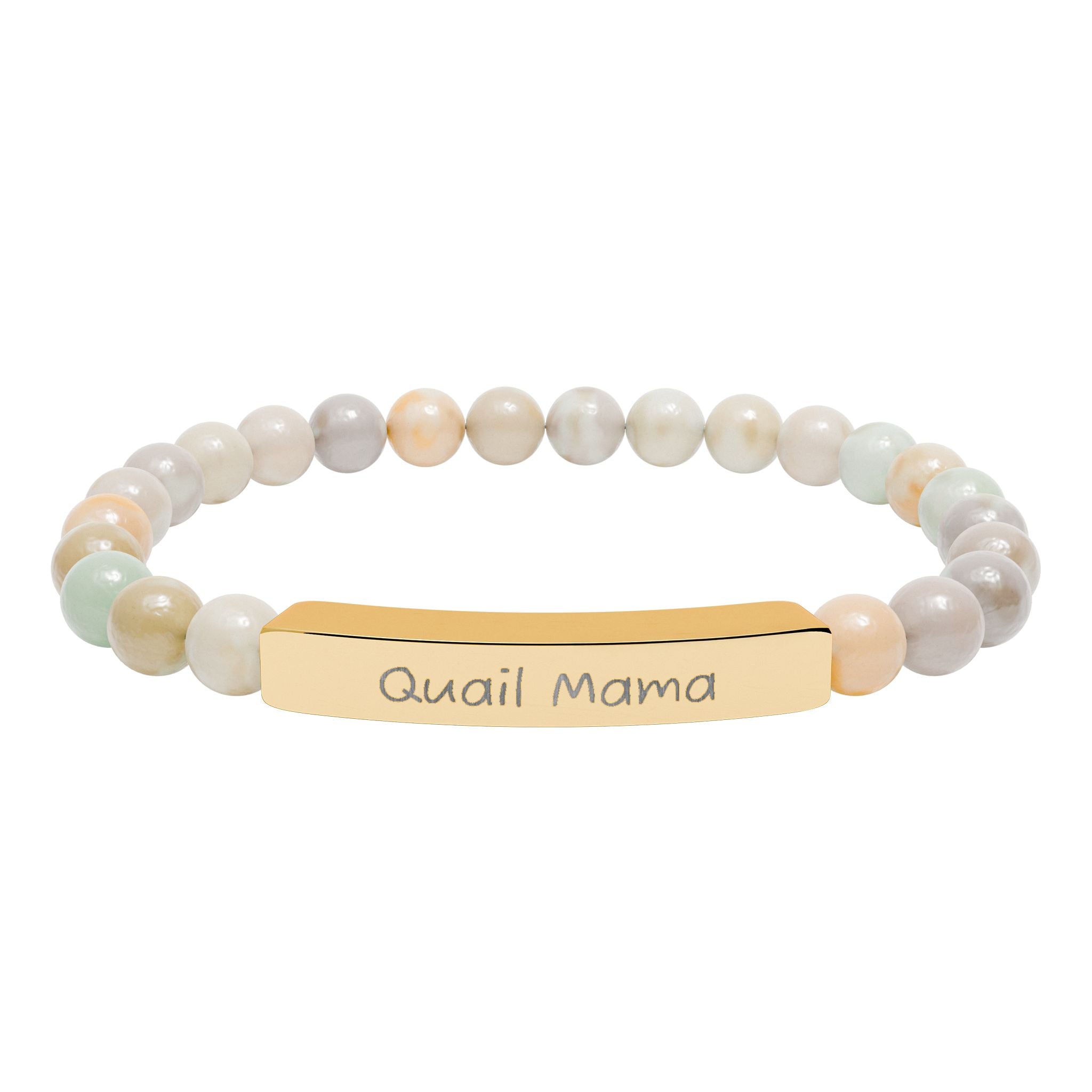 Quail Mama Natural Stone Stretch Bracelet – Engraved Quail Lover Jewelry, Coturnix Quail Gift, Rustic Homestead Bracelet