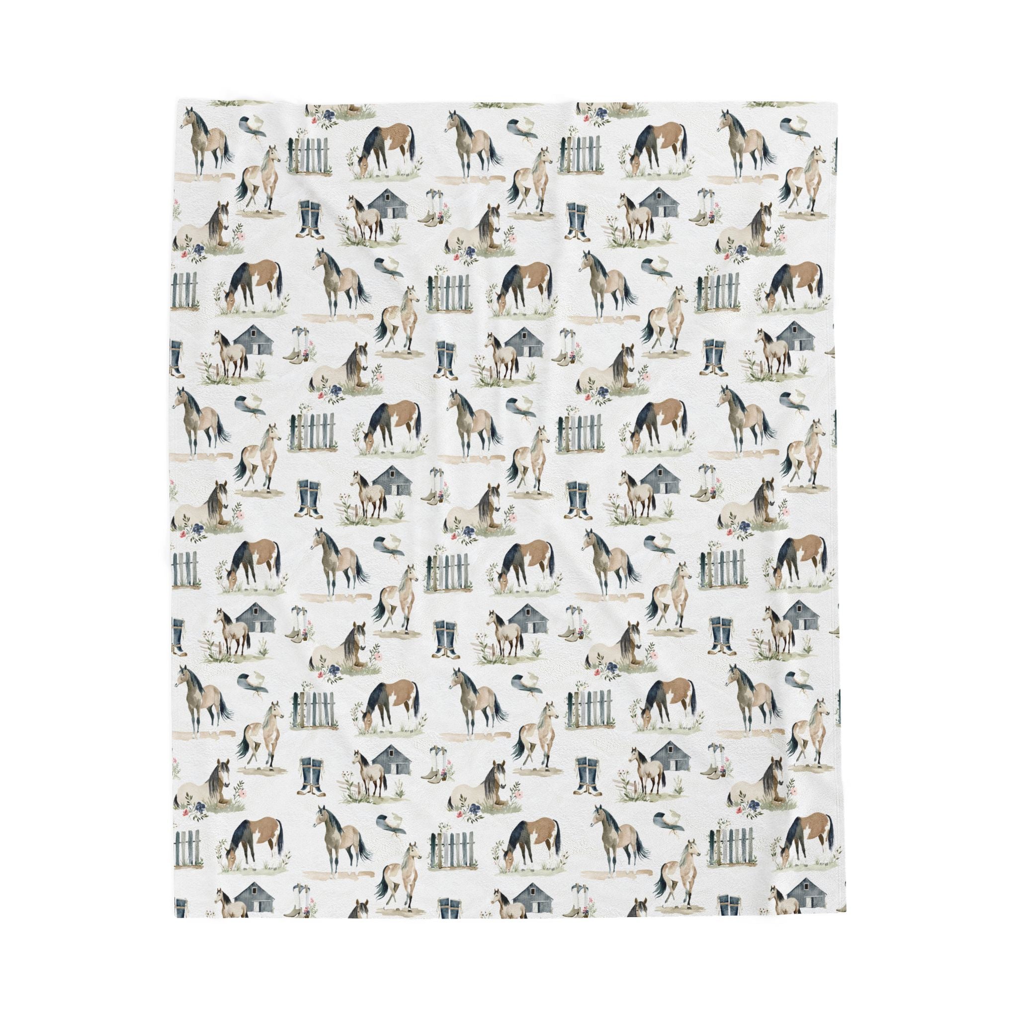 Western Farm Animal Plush Blanket | Horse & Homestead Print Throw Blanket | Cottagecore Farmhouse Decor | Cozy Rustic Animal Lover Blanket | Gumpert Homestead