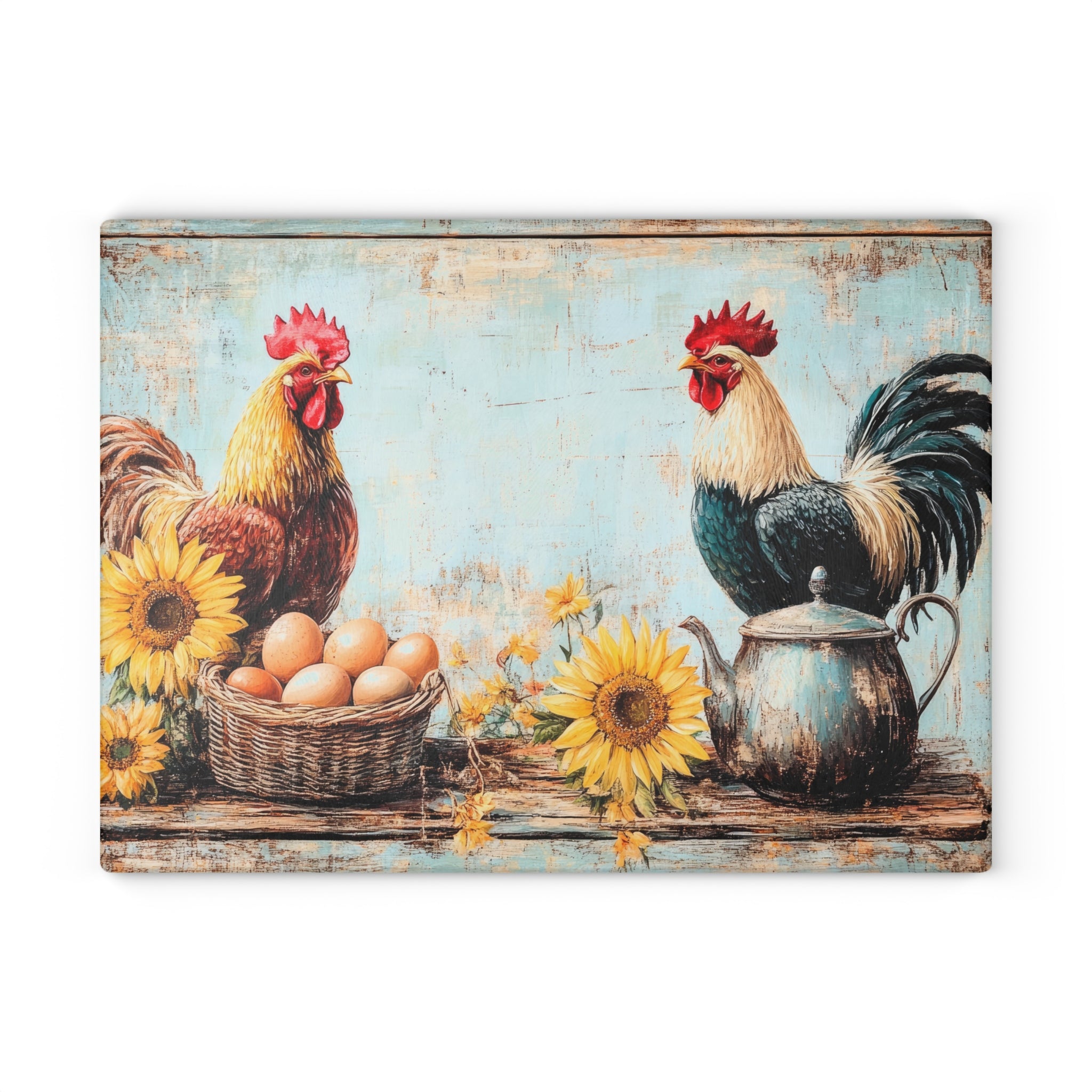 Rustic Rooster Glass Cutting Board | Farmhouse Chicken Kitchen Decor | Sunflower Rooster Tempered Glass Cutting Board | Gumpert Homestead