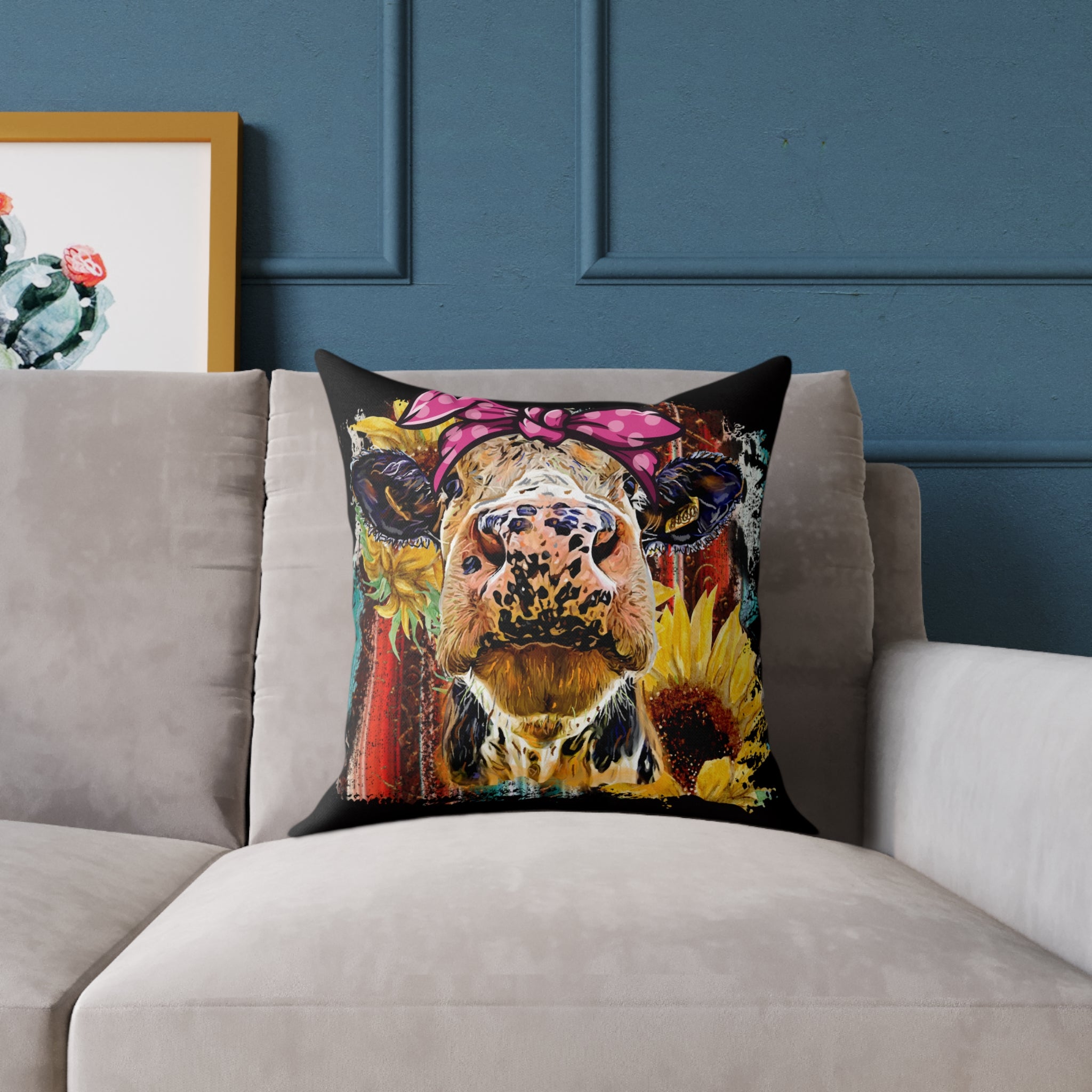 Funny Cow Throw Pillow | Farmhouse Cow Accent Pillow | Sunflower Highland Cow Decor Cushion | Rustic Country Home Decor | Gumpert Homestead