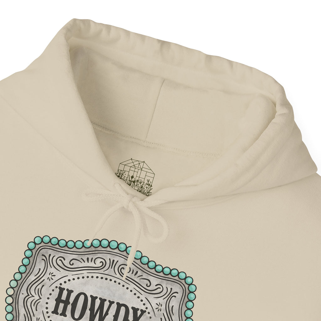 Howdy Turquoise Beaded Rodeo Belt Buckle Hoodie – Unisex Farmhouse Western Sweatshirt | Country Homestead Apparel