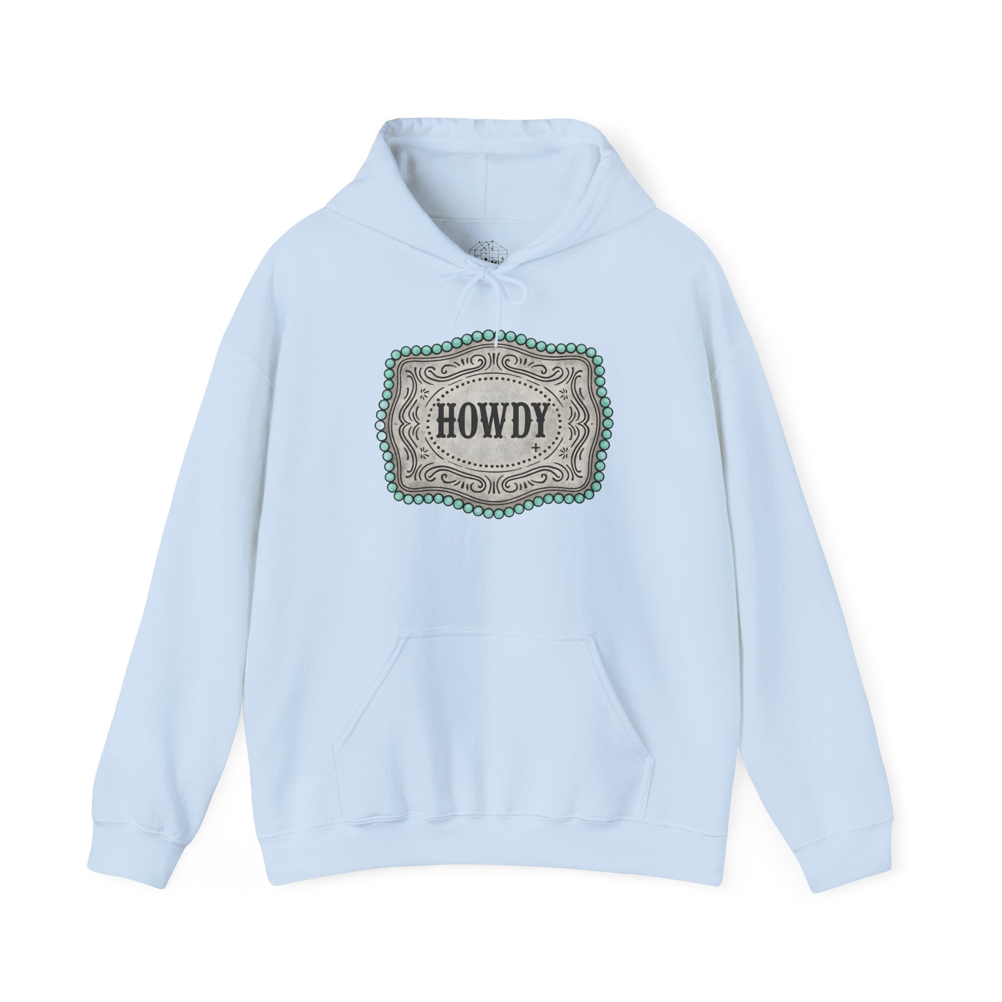 Howdy Turquoise Beaded Rodeo Belt Buckle Hoodie – Unisex Farmhouse Western Sweatshirt | Country Homestead Apparel