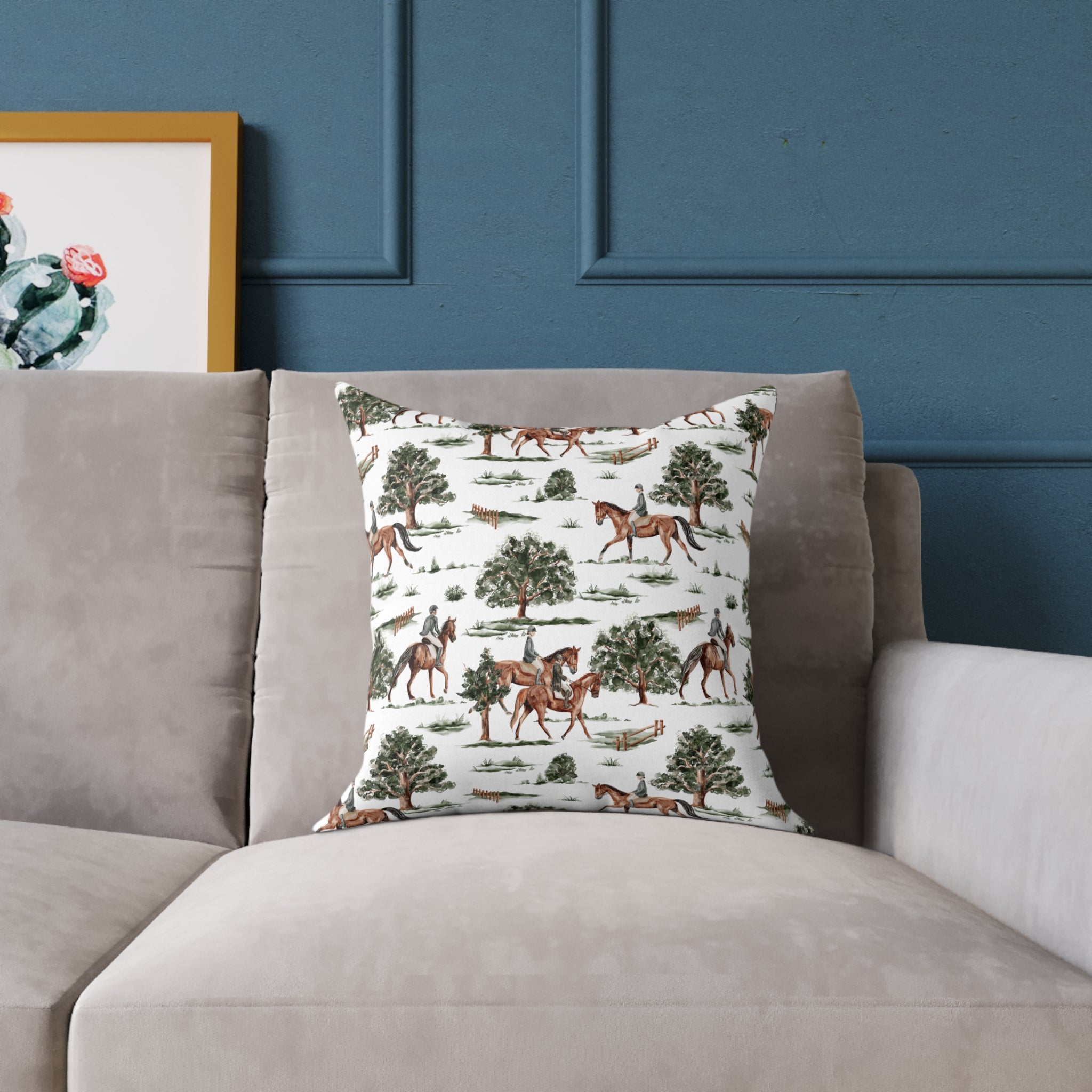 Equestrian Toile Throw Pillow | Farmhouse Horse Accent Pillow | Rustic Riding Scene Decor Cushion | Cottagecore Horse Home Decor | Gumpert Homestead