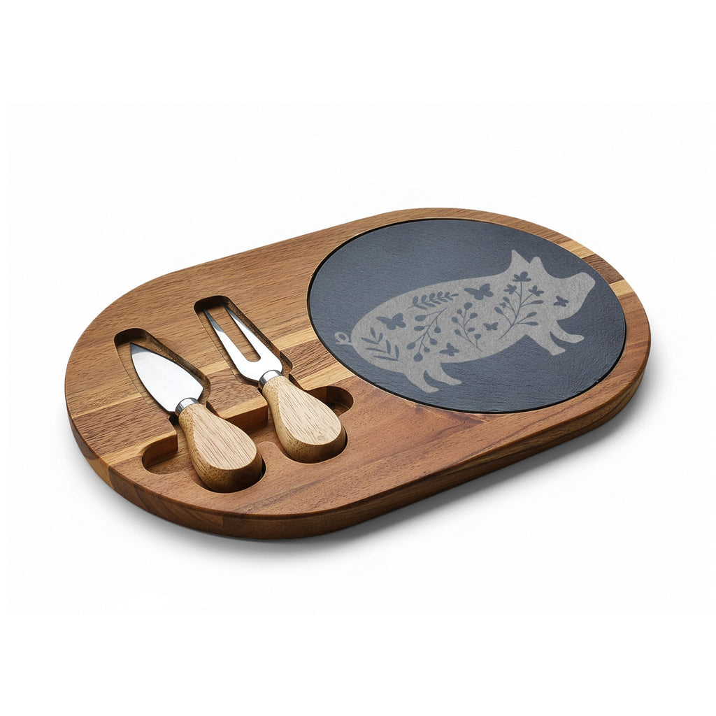 Floral Pig Engraved Charcuterie Board Set | Farmhouse Slate Cheese Board with Knives | Rustic Farm Kitchen Serving Board | Homestead Pig Lover Gift